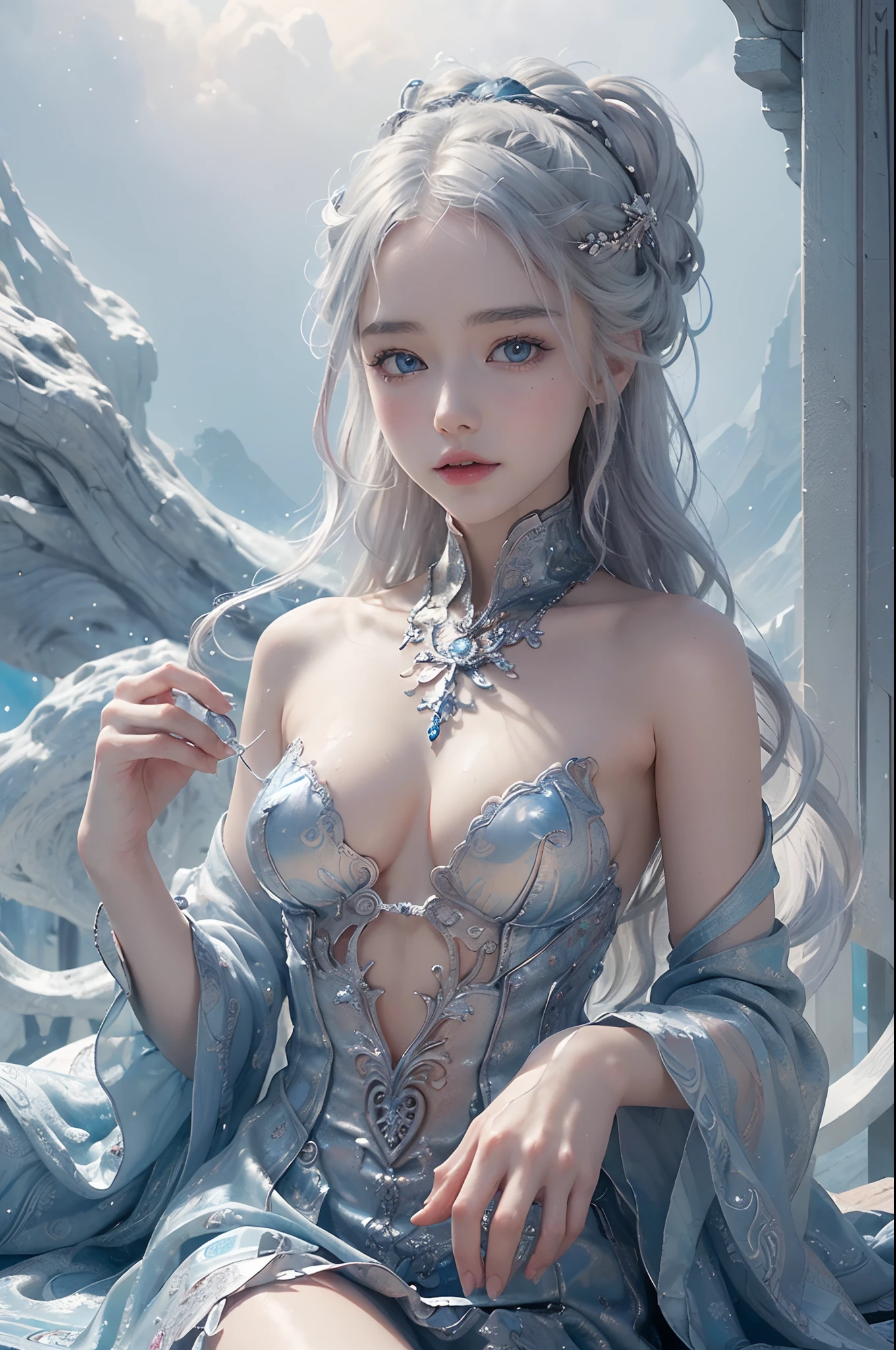 (masterpiece, top quality, best quality, official art, beautiful and aesthetic:1.2), (1 naked girl:1.2), cute, extreme detailed,(abstract:1.4, fractal art:1.3),(silver_hair:1.1), blue eyes,colorful,highest detailed, Beautiful girl trapped inside a big soap bubble,Game of Thrones,Tai Chi,teen