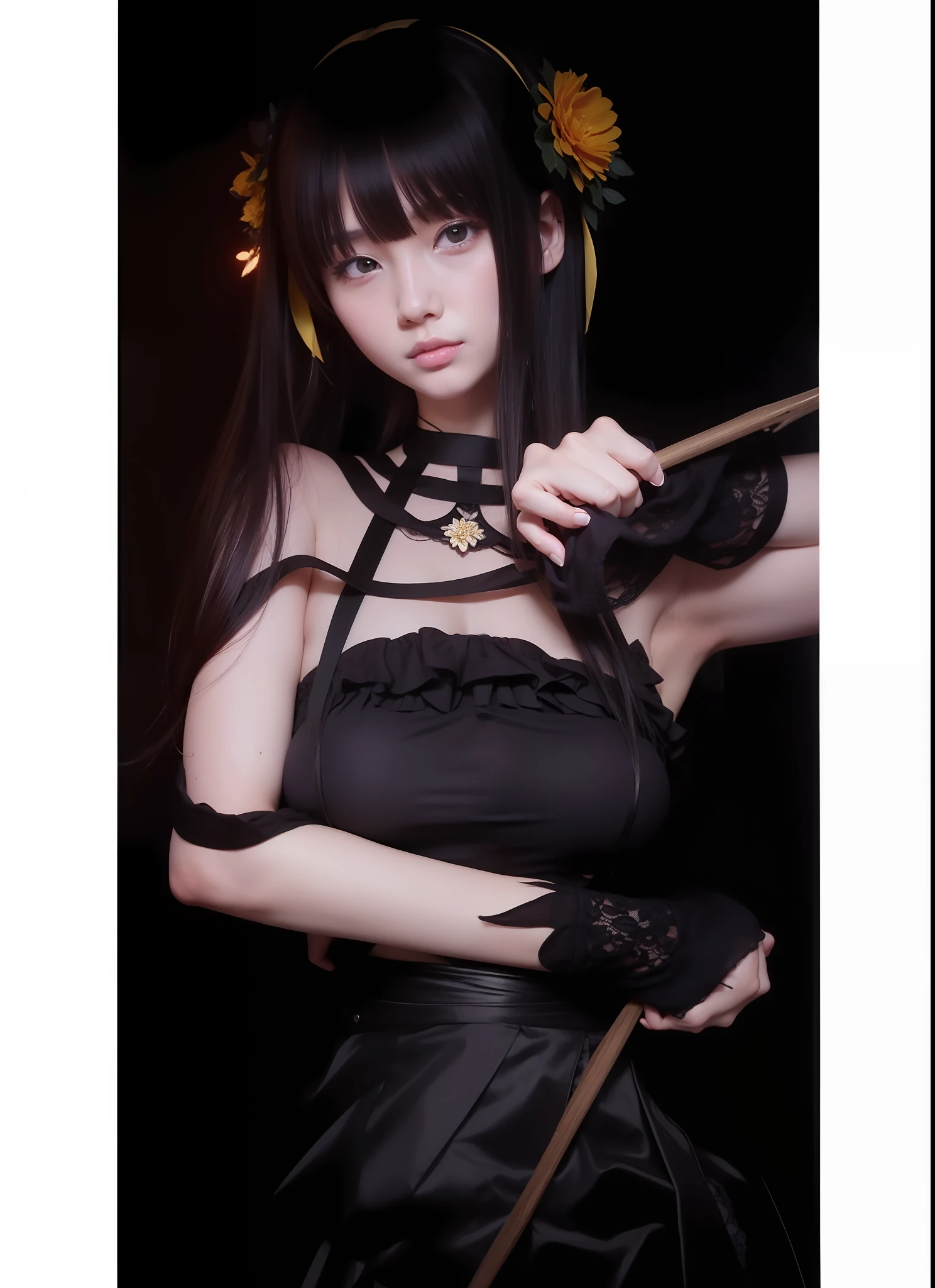 1 girl, Yor Forger, yellow flower headband, black shirt long, big breasts protruding,black hair,long hair