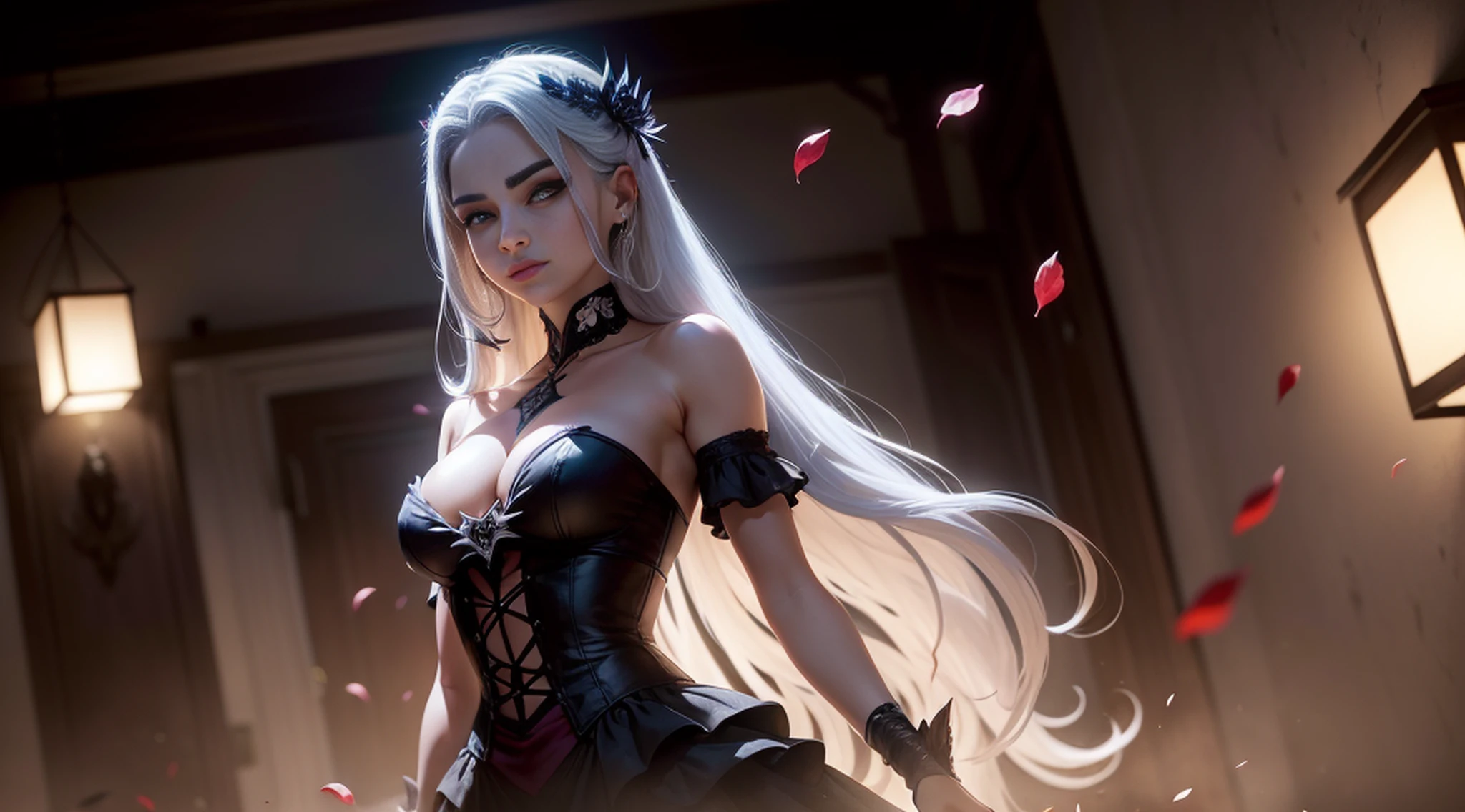 a female vampire (peitos pequenos, cabelos vermelho-sangue), obra-prima, melhor qualidade, (papel de parede CG unity 8k extremamente detalhado), (melhor qualidade), (best illustration), (melhor sombra), Absurdo, lifelike lighting, (abismo), lindo brilho detalhado, pose natural, de corpo inteiro, standingn, petals falling, interior, Fanning, lanterna, 16k, HDR, Alto, campo de profundidade, (grain of film: 1.1), livro, hora dourada, (Reflexo da lente), vinheta, rainbowart, (color classification: 1.5)