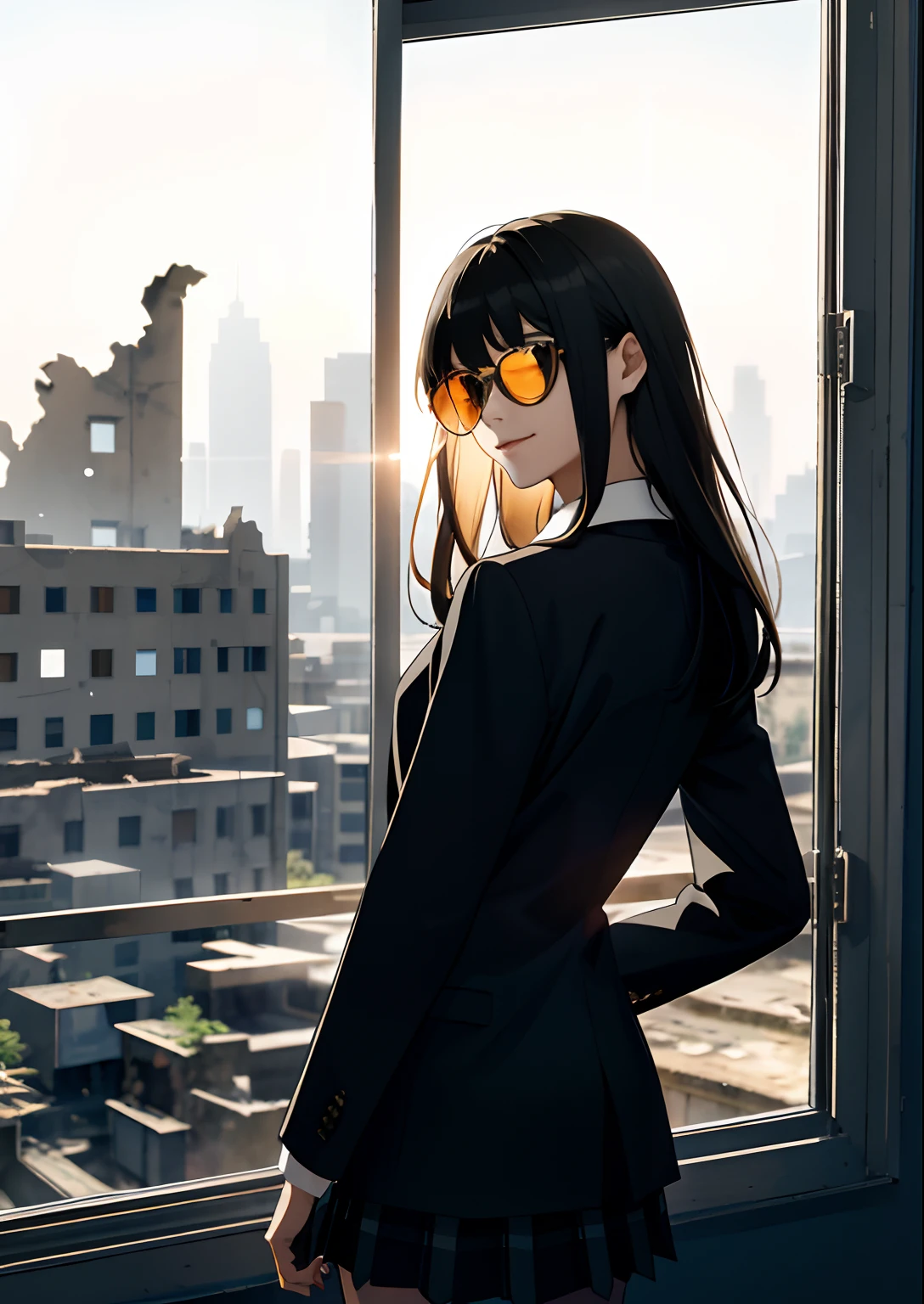 （tmasterpiece，best qualtiy），独奏，1girll，teens girl，16 yaers old，Petite，The look of a smile，looking at viewert，Brown eyes，long whitr hair，completely black hair，Qi bangs，Suit top，black long sleeves（The best quality），black short skirt，He wears translucent sunglasses on his face，beautidful eyes，Only 2 arms，Only two hands，The background is the ruins of the wind of doom，The light from the back window is backlighted，（Wallpapers）， （8k hdr）， （8k hdr）