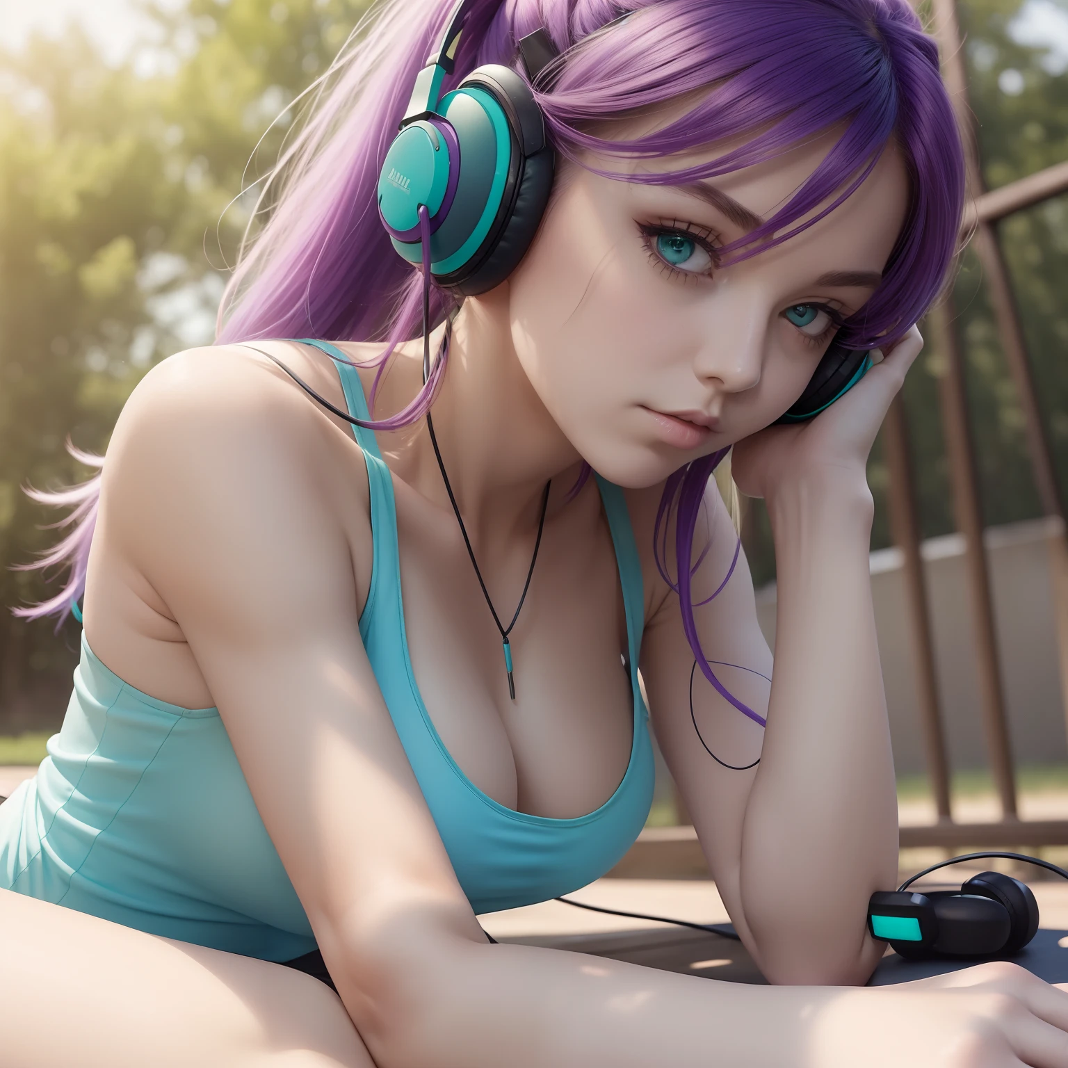 ((masterpiece, best quality)), 1girl, green eyes, long light purple hair in ponytail, small low cut light aqua teal tank top, black headphones, cleavage, large breasts, close up, outdoors, sunny, slightly muscular arms