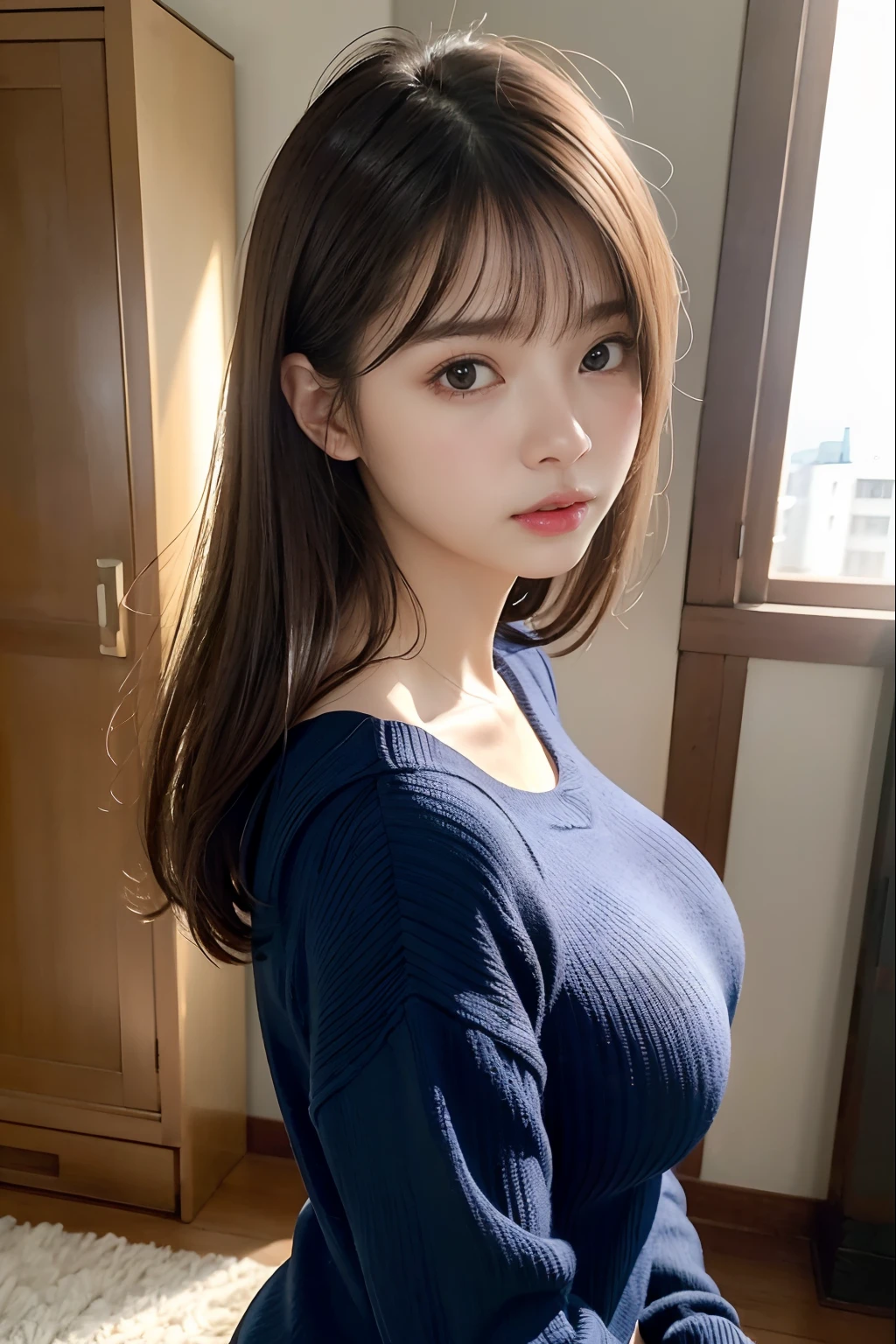 randome pose、top-quality、超A high resolution、(Photorealsitic:1.5)、1人、Dark blue sweater、(Brown hair:1.2)、(huge-breasted:1.2)、inside in room、looking at viewert、a closeup、full body Esbian、embarassed face