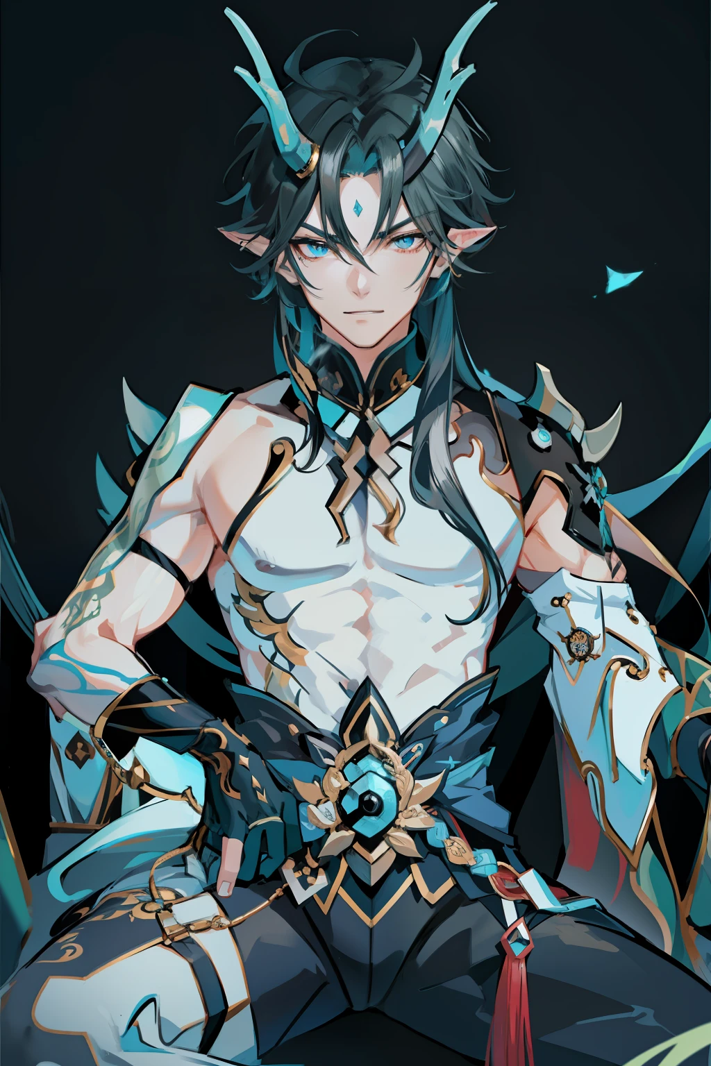 （absurderes，A high resolution，Hyper-detailing，hdr），Dragon's horn，tmasterpiece，best qualtiy，1人，独奏，Handsome，Golden eyes，Fine eyes and detailed face，toppless，Tattooed with，arma，seated on a throne，pervert smirk，Abs，chest muscle，Raised sexy，Ruffian，Show your temperament，Male，masculine appeal，Male characteristics are distinct，