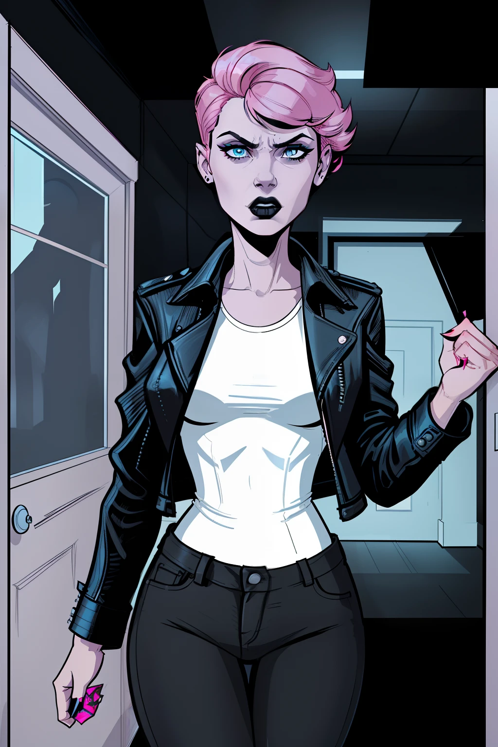 woman, opening a door, inside a dark room, dark wall in background, pale blue eyes, detailed short pink hair Short Side Comb haircut, angry expression, black lipstick, small tits, wearing a leather jacket, black pants, shirt, white shirt, comic book style, flat shaded, prominent comic book outline linework