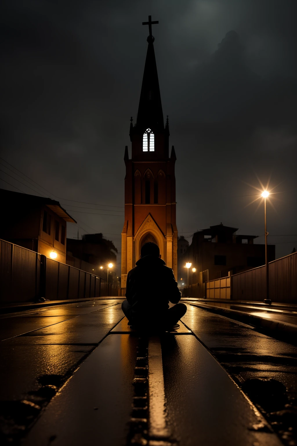 It's a dark night with light rain, A boy is sitting on the ground in front of him there is a featured FLOR that rises on the asphalt, The setting is of a slum and there is a church with a tower and a large cross, A single lamp illuminates the scene