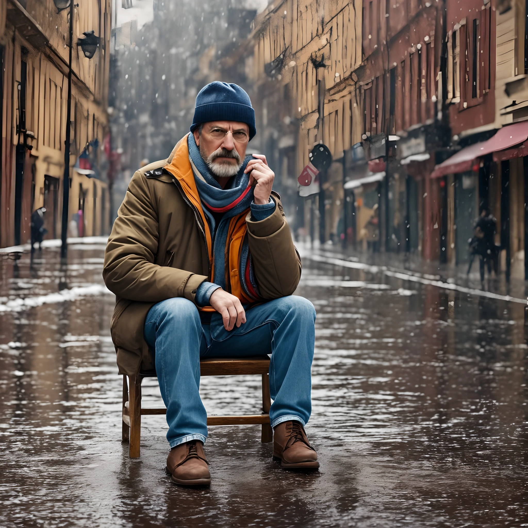 Close-up of a man sitting on the street in the middle of winter in front of a ballot box, el dia esta lluvioso y hay mucha bruma, Film style, realista, 32k, --auto --s2