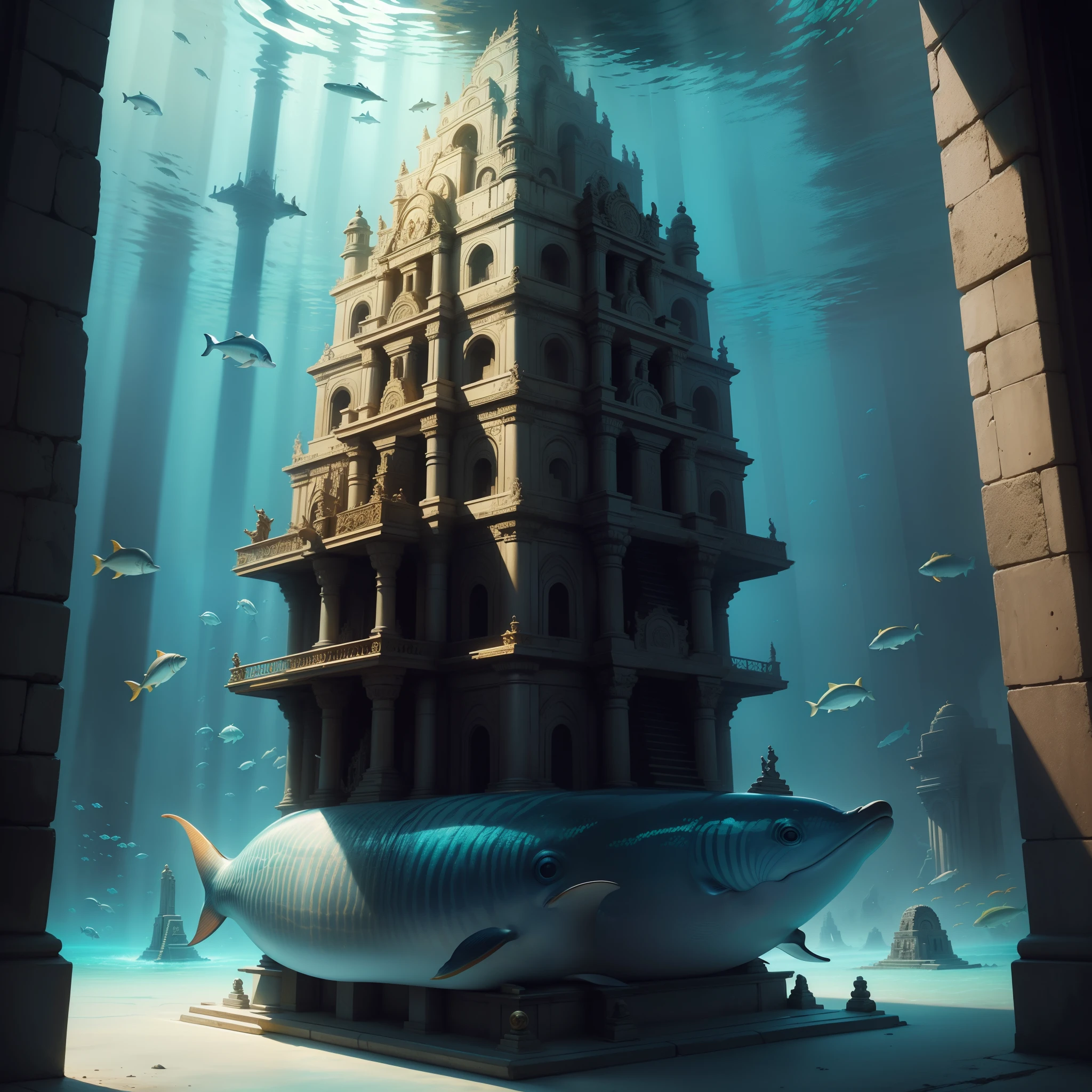 futuristic underwater world with lots of fish Dolphins an  Inca temple, lots of gold beautiful color, detail  Best quality, realistic, award-winning illustration in color, (fine detail) (Masterpiece)
