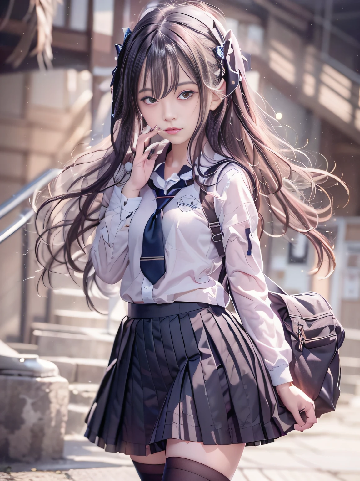 retinas, masutepiece, ccurate, Anatomically correct, Textured skin, Super Detail, high details, High quality, awardwinning, Best Quality, hight resolution, Close up of girl in 8k dress and shirt, loose coat collar sailor uniform, thin head,magical school student uniform, japanese girl school uniform, , Cute dress, katelynn mini cute style, dressed with long fluent clothes, School uniform, magic school uniform, black and white clothes, Stylish dress, school girl in gothic dress, Black Quick, Elegant clothes,((small tits,Thin leg,skinny thigh)),slim figure,extremely detailed eye and face、beatiful detailed eyes,Beautiful skins,finely detail、Very smooth hair，detailed hairs，Very fine hairs，Young shiny hair，(Knee-length skirt:1.7),((skirt rift:1.6)),1girl in,small tits,Thin leg,独奏,Wearing underwear,Smaller face,realistic facial expression,(Face to feel:1.6),Enchanted,Nasty look,(o-face:1.4),Functional,milky skin,Soft lips,Raw photo,Expression in love,Shyness,Longing for love,Sex appeal in girls,The smell of sex appeal,Cool color makeup，Lowered eyebrows、Whitening effect，Very soft lighting，Backgrounds suitable for students，Structure of romance movie style，Tragic love，((Ephemeral Girl))，