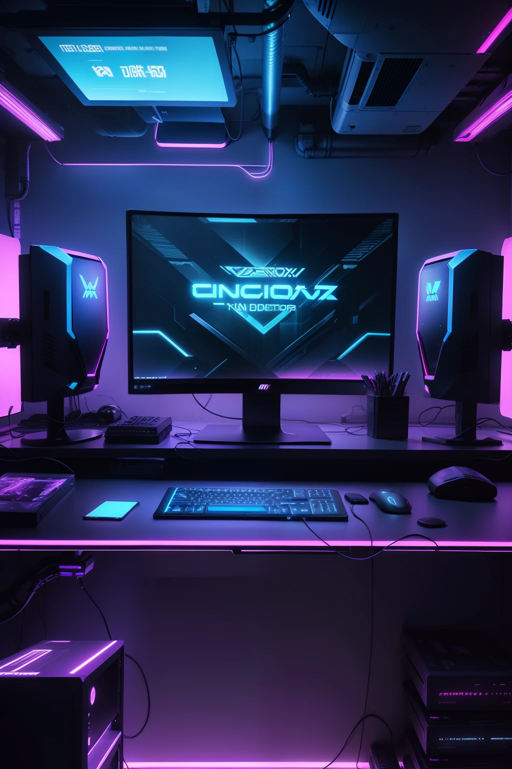 a dimly lit computer desk with multiple monitors and a keyboard, cyberpunk setting, Cyber punk configuration, cyber neon lighting, cyber space, cyberpunk with neon lighting, luzes cyber neon, in a cyberpunk themed room, interior cyberpunk, Gamer screen on metal table, cyber aesthetic, Cybernetic style, computador sci-fi, cyber background, cyber installation, console e computador, 4K分辨率, imagem horizontal