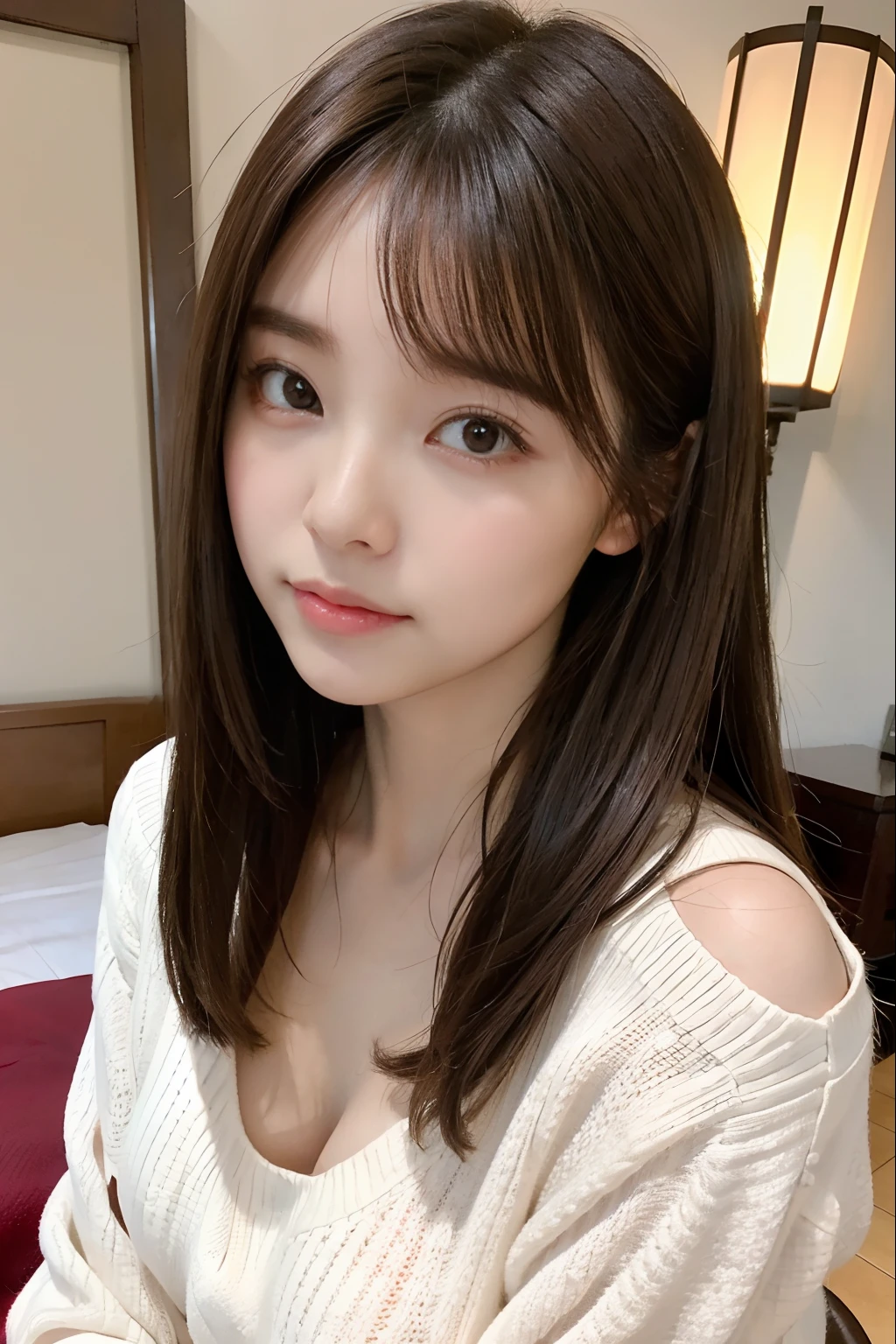 randome pose、top-quality、超A high resolution、(Photorealsitic:1.5)、1人、Brown sweater、(Brown hair:1.2)、(huge-breasted:1.2)、ryokan、looking at viewert、a closeup、full body Esbian、embarassed face