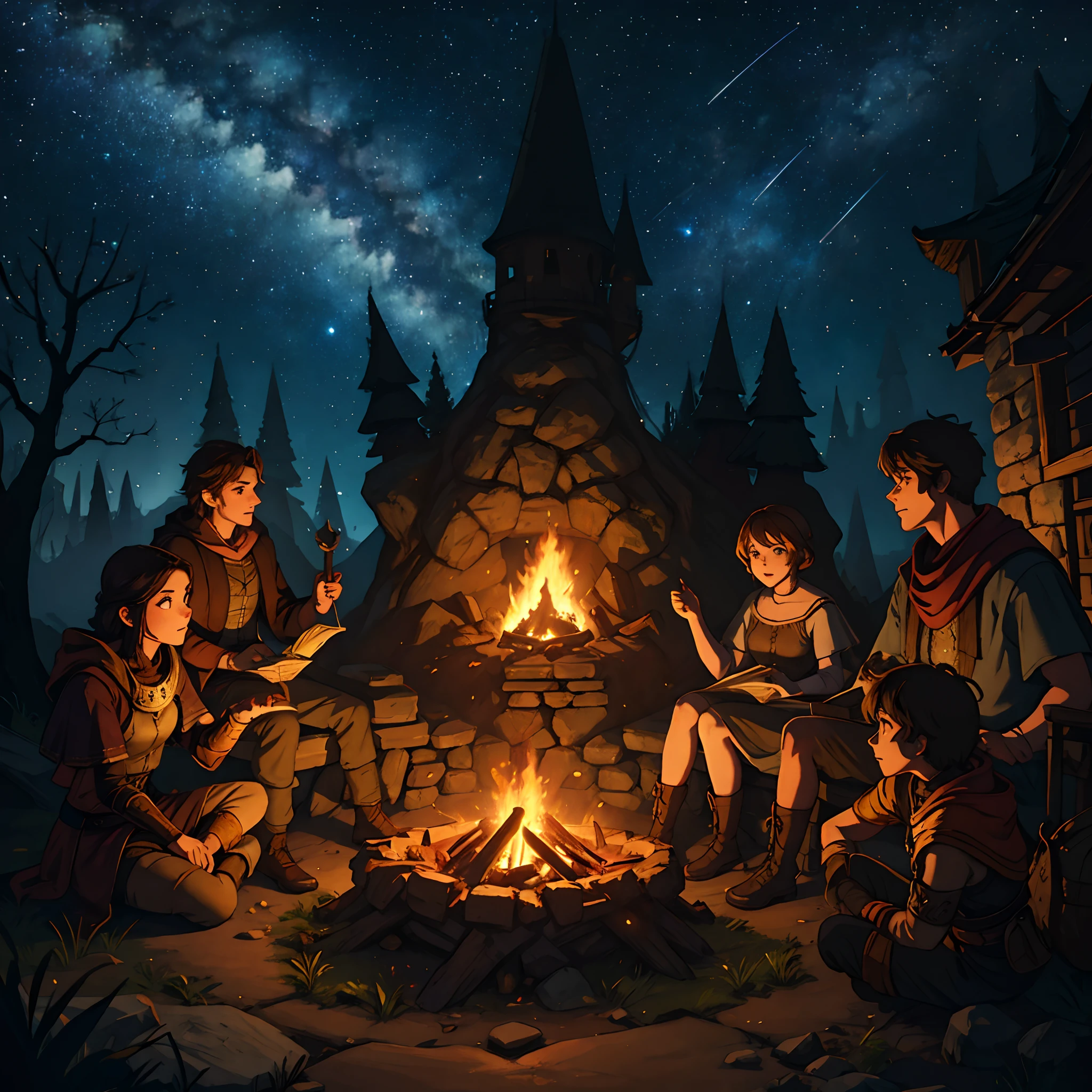 A fantasy adventuring party sitting around a campfire, revelry, night, beautiful stars above, absurdes, beautiful shadow and lighting