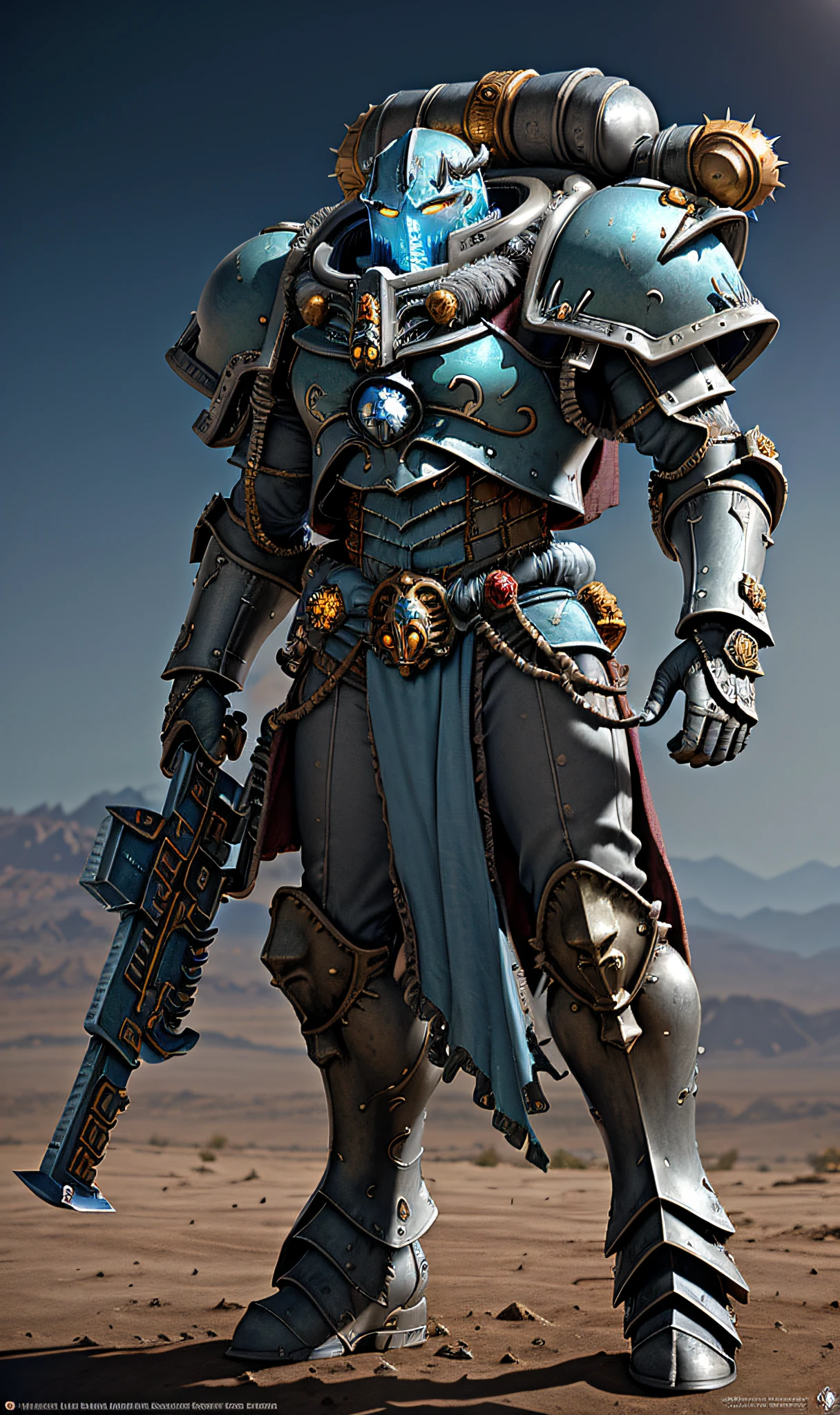 druid, warhammer 40k, space marine, intricate ornamented, Steel Gray Platinum Light blue armor, adepta sororitas, dynamic posture, Hot desert landscape background, volumetric cinematic lighting, (highly detailed skull:0.8), realistic reflections, cinematic composition