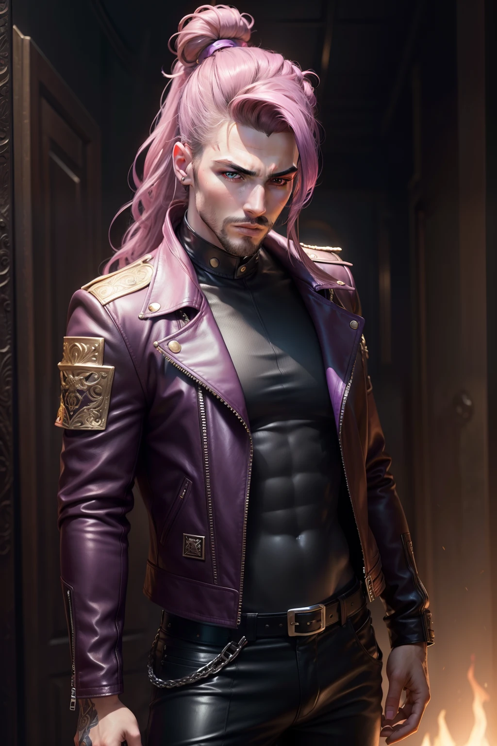 Masterpiece, Realistic portraits,Handsome hairstyle, Exposed flesh, hair-bun, Leather jacket and leather pants,professional hair stylist, ornate hair, abstract backgrounds, Purple eyes, Pink Long Hair