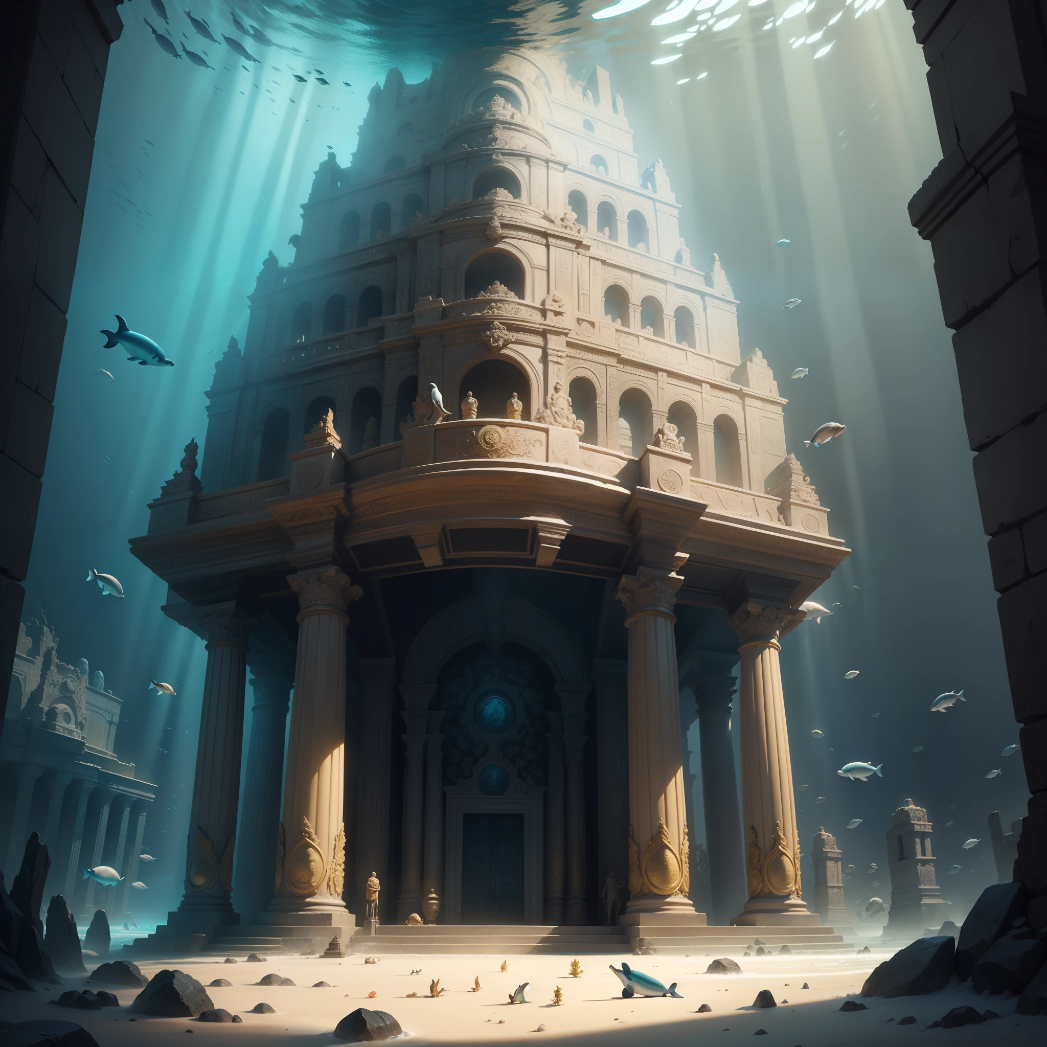 futuristic underwater world with lots of fish Dolphins an Inca temple, lots of gold beautiful color, detail Best quality, realistic, award-winning illustration in color, (fine detail) (Masterpiece)