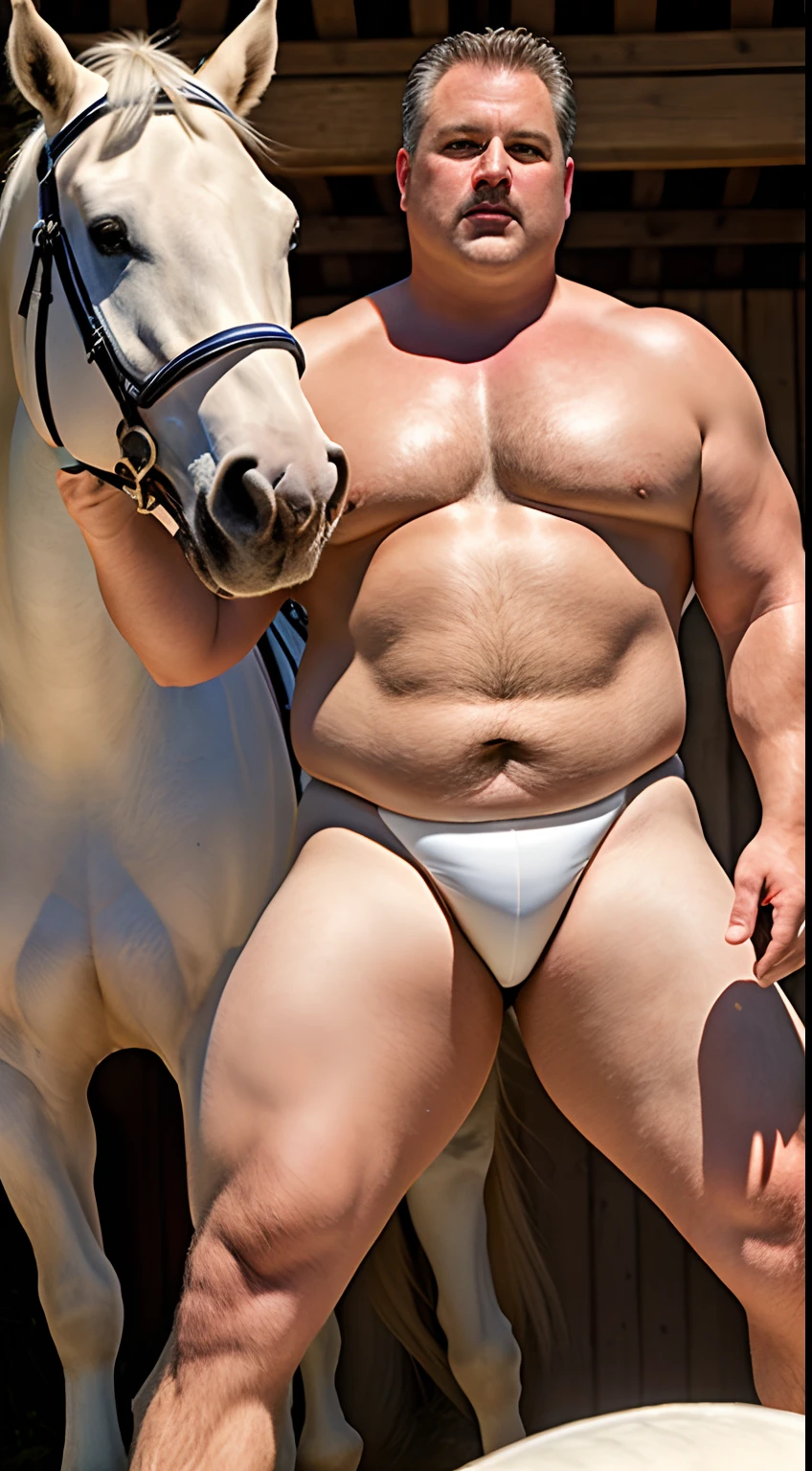 A chubby fat muscle strong middle-aged man rode a white horse,Fat and strong,, Wear white male thong,White steeds White lighting, ((Fine skin details, Ultra-fine skin texture, 32K, Digital SLR)), (Add a level of detail:1.3), Hand exercise, Sharp upwards, (Cinematic realistic lighting), ((Increase facial detail)), (Improve photorealistic quality)