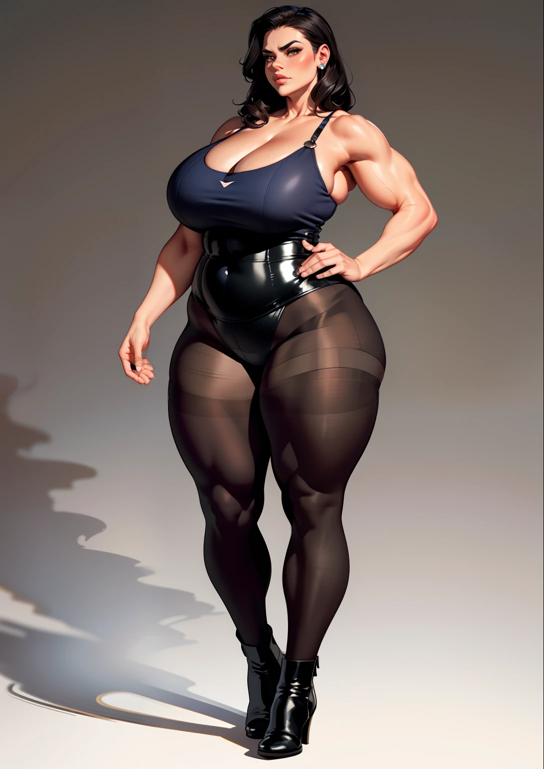 tmasterpiece,(Full body like:1.1),Burly woman,lift the foot,Exaggerated large muscles,Clear stockings,Chelsea boots,Beautiful and charming woman face,largeeyes, 1female,Thin waist,Very broad shoulders,Huge latissimus dorsi, Strong and powerful arms,Stout arms,Thick and powerful leg muscles,long leges,a little bit chubby
