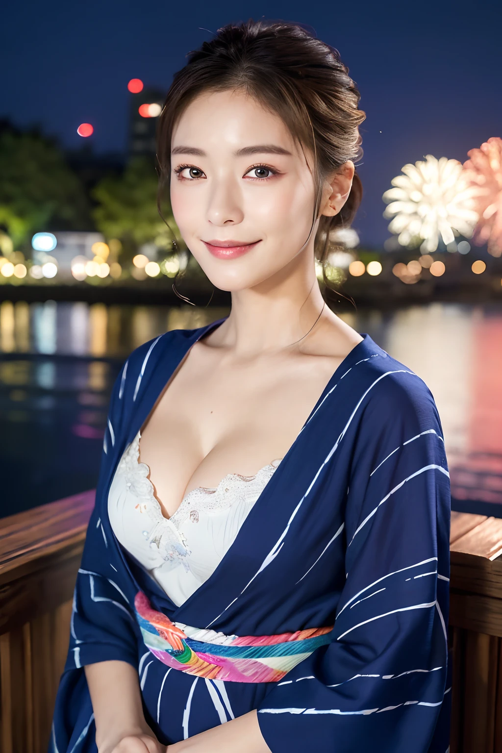 ((​masterpiece、top-quality、ultra-definition、hight resolution))、独奏、a beauty girl、radiant eyes、perfect  eyes、Hakata yukata、cleavage of the breast、Japan's beautiful sister、Indigo yukata、Fireworks at night in the background、high-level image quality、4K.