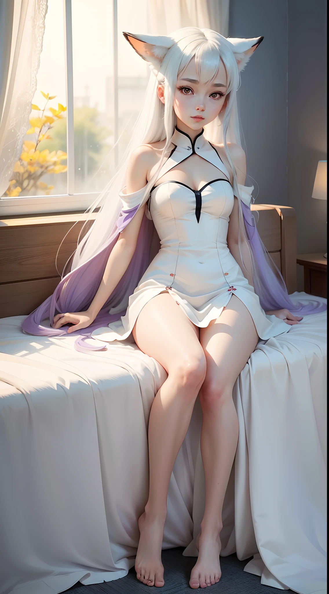 Anime character woman in white translucent dress，Barefoot，fluent clothes，pretty anime character design，anime visual of a cute girl，Kantai collection style，Anime moe art style，small curvaceous loli，Chen Jiru，teens girl，Anime character design，Highly detailed character design，Guviz，high quality character design，high qulity。super detailing。She has long white hair，Purple eye，White-eared fox，It has nine white fox tails on its back，Slender hands and legs，White and tender skin，sit on a bed，2D anime style，solo person