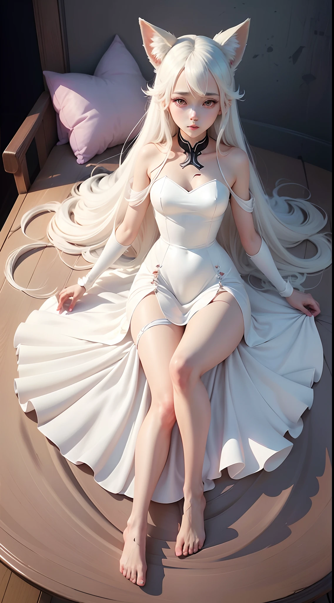 Anime character woman in white translucent dress,Barefoot,fluent clothes,pretty anime character design,anime visual of a cute girl,Kantai collection style,Anime moe art style,small curvaceous ,Chen Jiru,teenrl,Anime character design,Highly detailed character design,Guviz,high quality character design,high qulity。super detailing。She has long white hair,Purple eye,White-eared fox,It has nine white fox tails on its back,Slender hands and legs,White and tender skin,sit on a bed,2D anime style,solo person