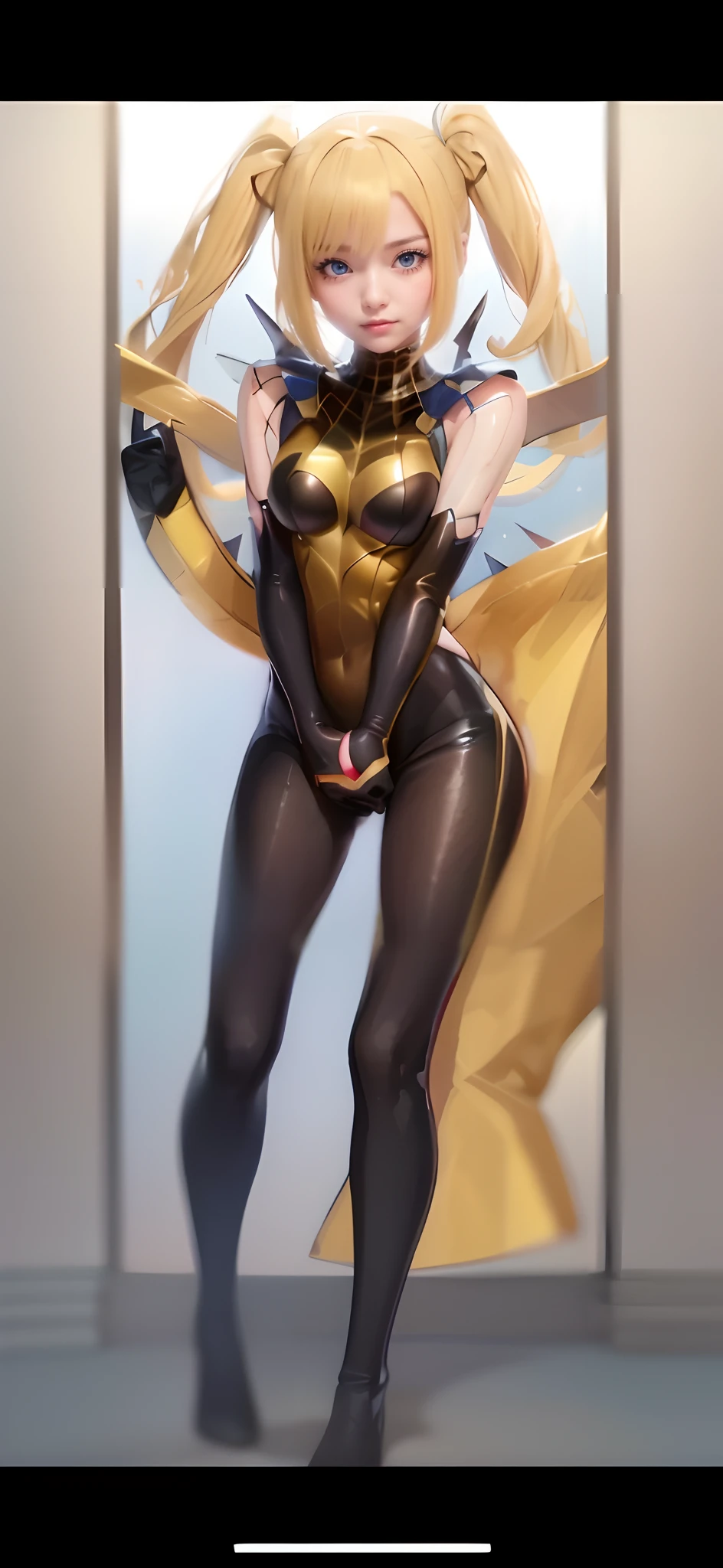 combat scene、spiderwoman、Twin Tail Drill、a blond、(Raw photography、top-quality)、(realisitic、Photorealsitic:1.2)、1girl in、20yr old、A smile、(High Detail Skin:1.4)、Puffy eyes、Gorgeous hair、hightquality、Full-body figure、combat scene、Golden Spider-Man、Clothes are silver and gold、Hairstyle is twin tail drill、Eye color is blue、Hair color is gold paper Spider suit