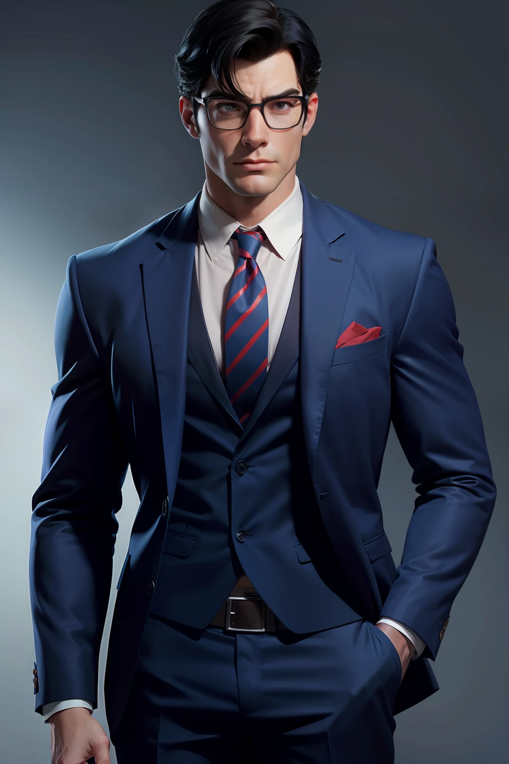 Clark Kent is wearing a suit that is open and revealing his Superman costume