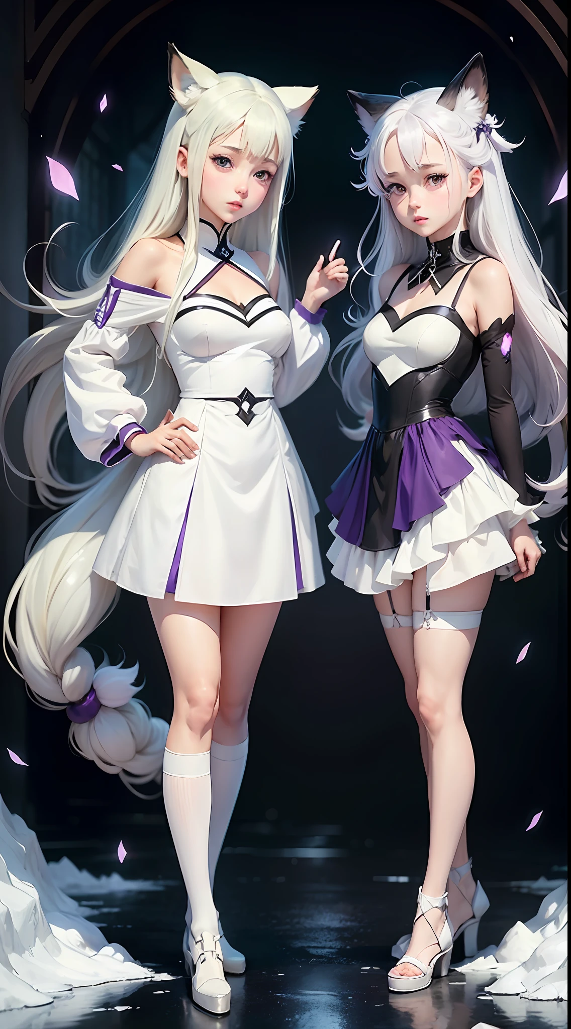 Anime characters of women in white dresses，fluent clothes，pretty anime character design，anime visual of a cute girl，Kantai collection style，Anime moe art style，small curvaceous loli，Chen Jiru，teens girl，Anime character design，Highly detailed character design，Guviz，high quality character design，high qulity。super detailing。White hair，Purple eye，Has fox white ears，Nine white tails grow on the back，2D anime style，solo person