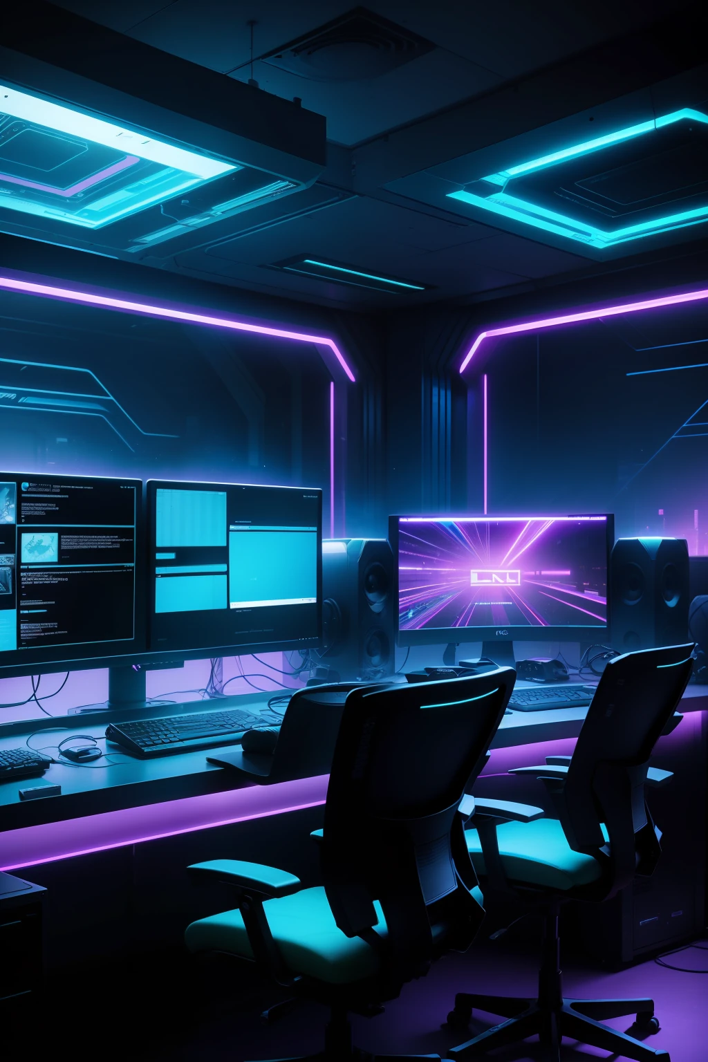 a dimly lit computer lab with lots of monitors and a keyboard, cyberpunk setting, Cyber punk configuration, cyber neon lighting, cyber space, cyberpunk with neon lighting, luzes cyber neon, in a cyberpunk themed room, interior cyberpunk, Gamer screen on metal table, cyber aesthetic, Cybernetic style, computador sci-fi, cyber background, cyber installation, console e computador
