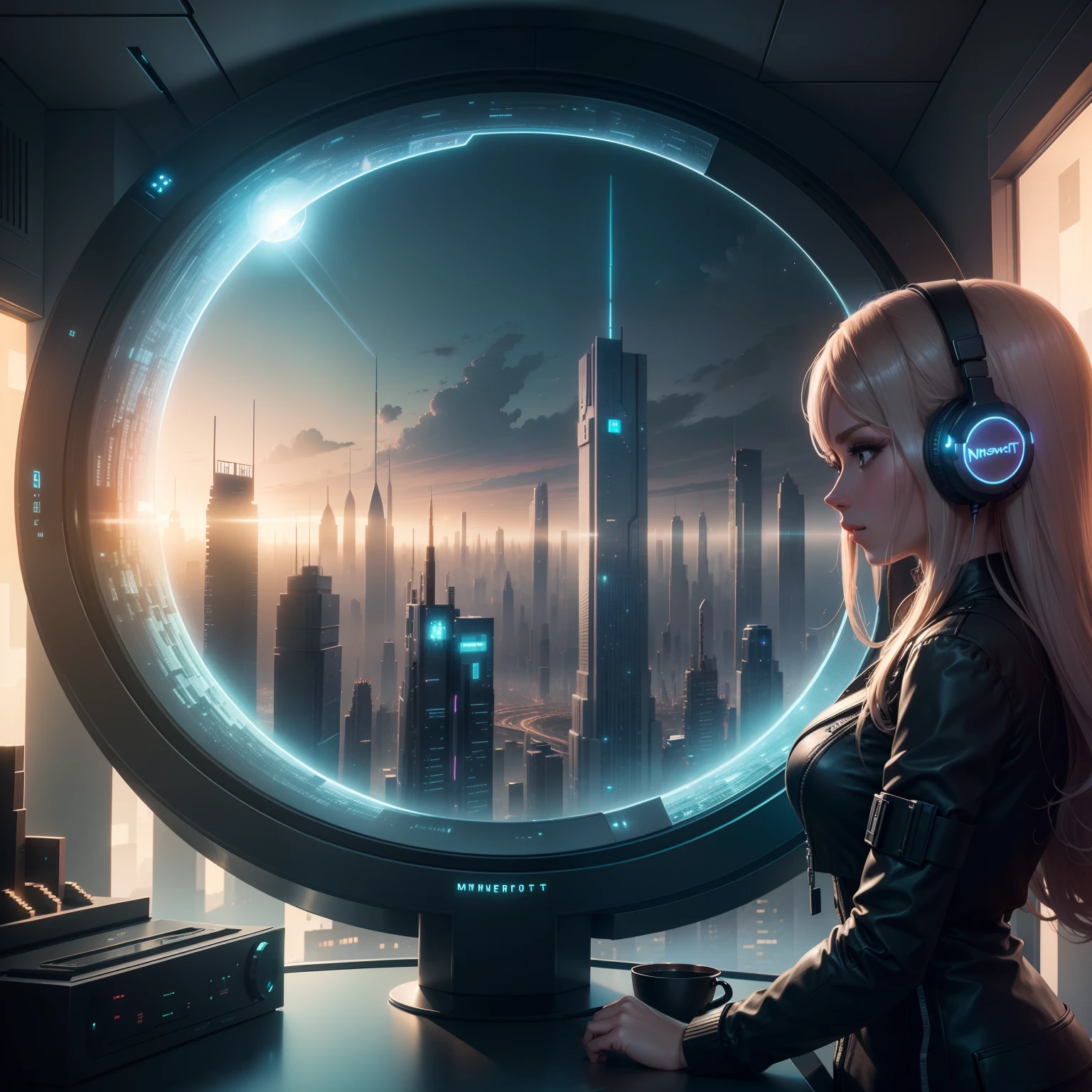 A complete image in 4k with the animation of minecraft showing a futuristic city with a beautiful woman listening to music in the window with a glass cell phone with led lights the all ultra-detailed futuristic image with a city inside