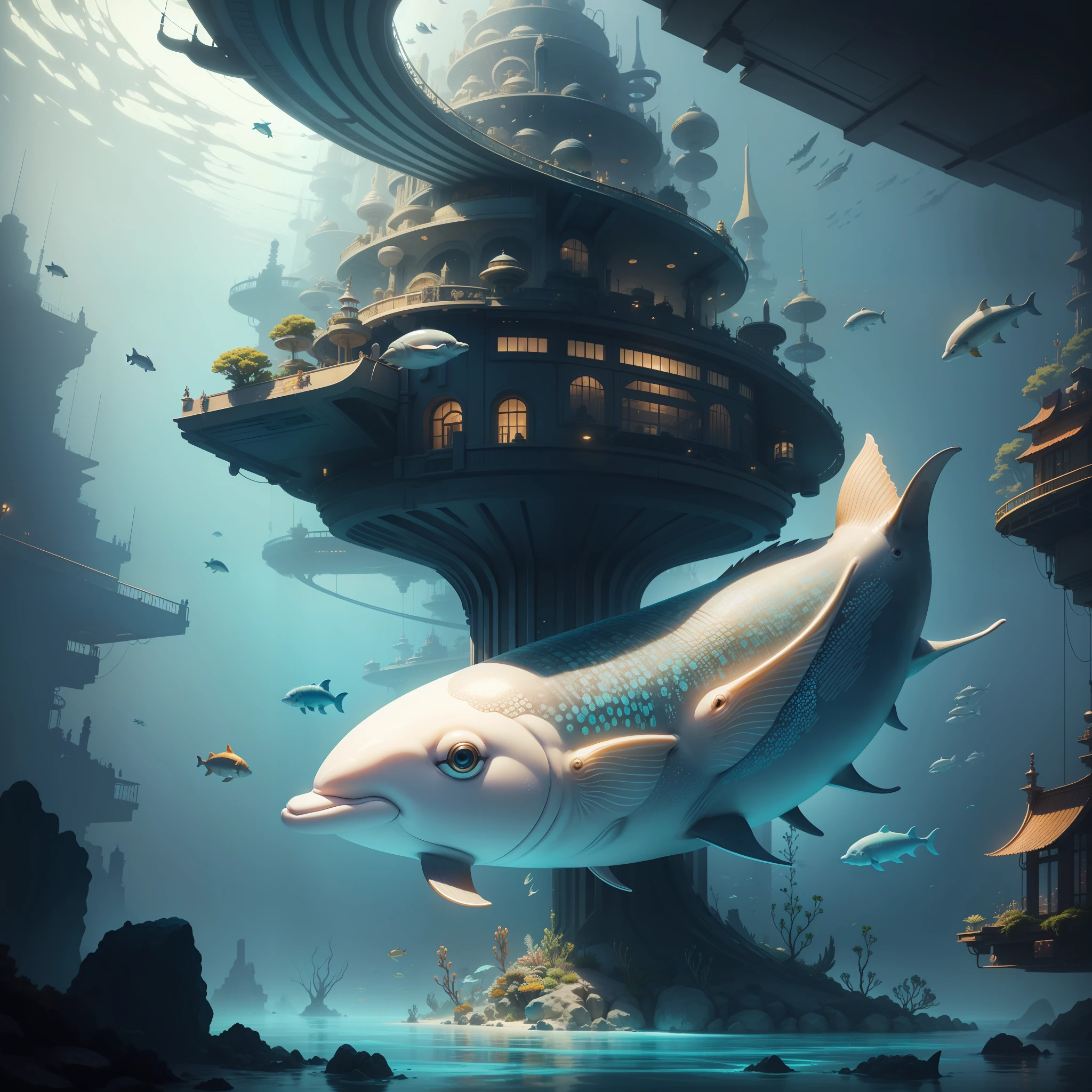 futuristic underwater city with lots of fish Dolphins, lots of gold beautiful colors, detail Best quality, realistic, award-winning illustration in color, (fine detail) (Masterpiece)