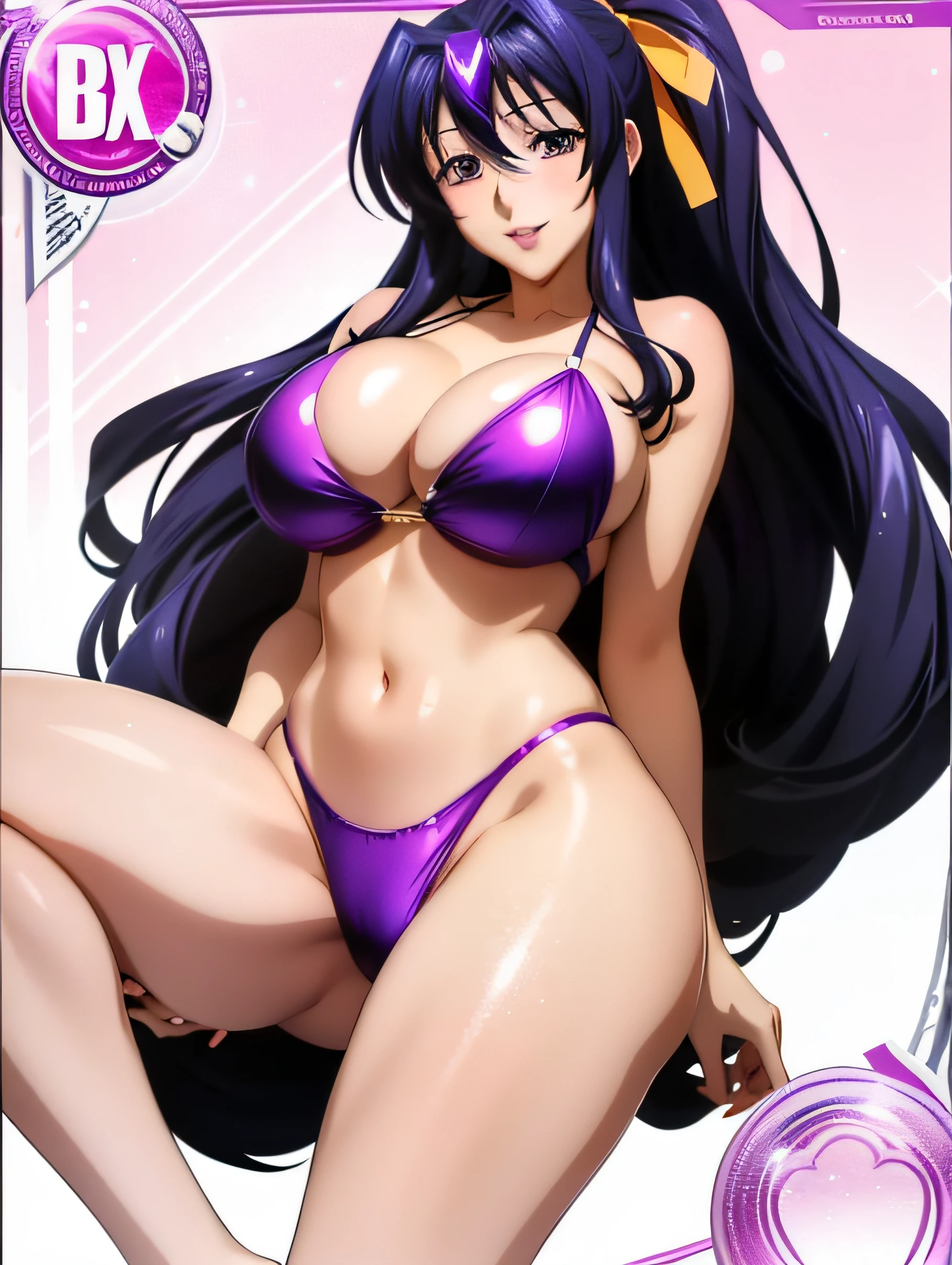 Highschool dxd, Akeno Himejima, 1girl, (((bimbo))), puffy lips, painted lips, thick lips. Long purple hair, wide hips, thick thighs, bikini suit, bursting breasts, big ass, revealing cleavage, erotic, Smile face, bubble butt, camel toe,