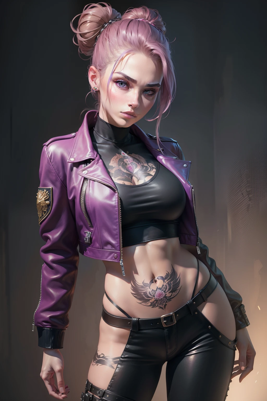 Masterpiece, Realistic portraits，Beautiful girl，Heroic, Exposed flesh, with tattoos，hair-bun, Leather jacket and leather pants，Authentic texture，Realistic painting style，professional hair stylist, ornate hair, abstract backgrounds, Purple eyes, Pink Long Hair，8K quality