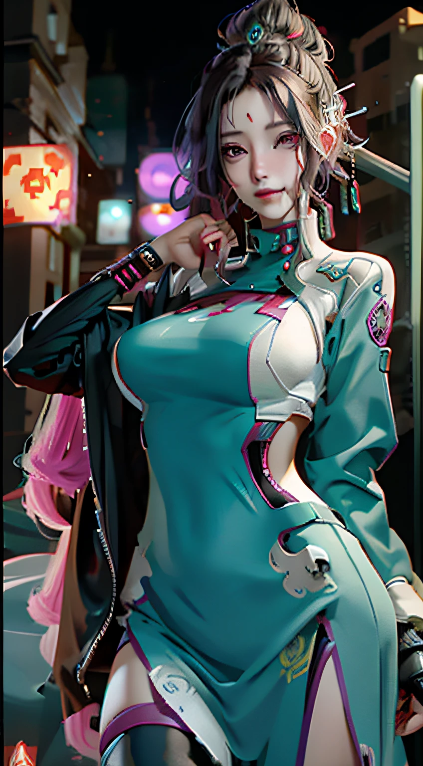 Avalokiteshvara,cyber punk perssonage,Buildings on fire,huge tit