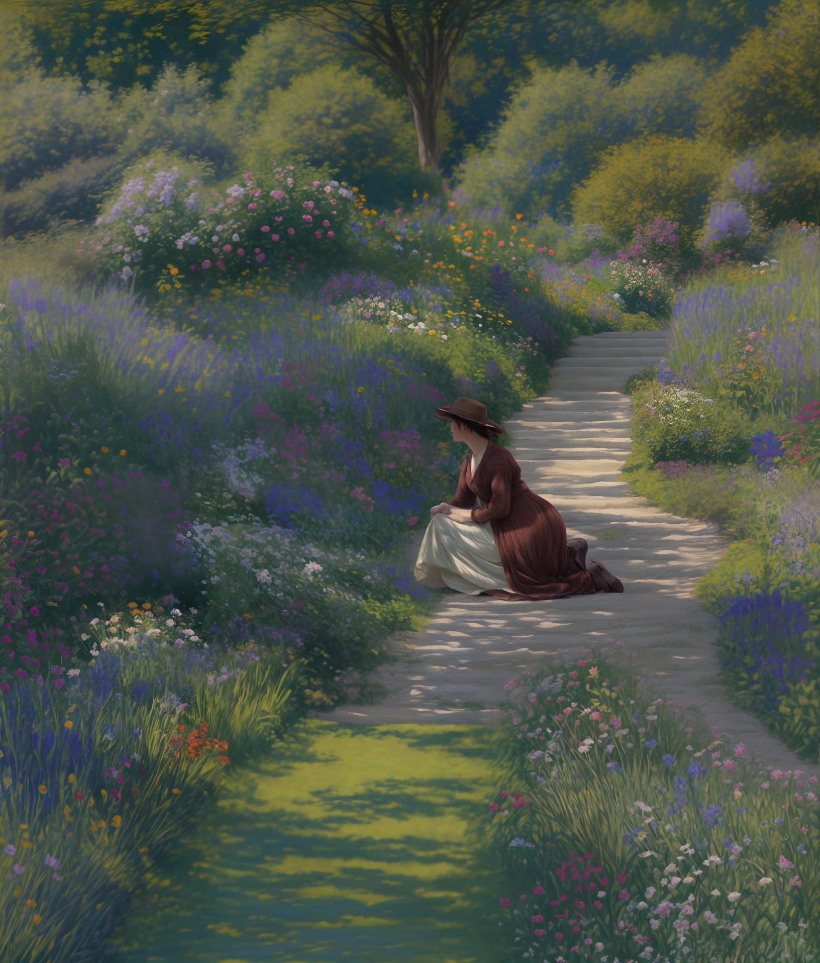 painting of a woman kneeling in a garden with flowers, in a garden, in the garden, in a verdant garden, by Robert Reid, in the hillside, in garden, romantic impressionism, by Julius Klinger, by J. Alden Weir, by Henri Le Sidaner, by Rudolf Schlichter, by Henry Scott Tuke, by Edward Atkinson Hornel