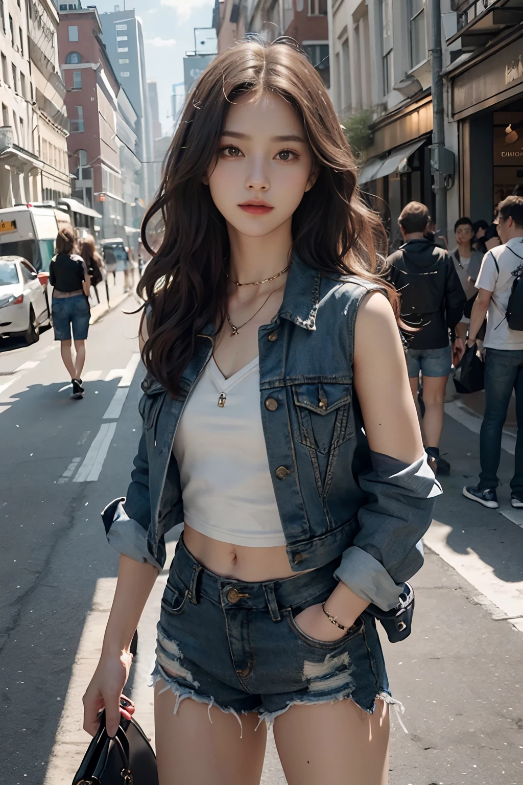 ((medium chest, tomboy, small head)), (well-defined abs: 1.1), (perfect body: 1.1), (short wavy hair: 1.2), russet hair, collar, chain, full body photo, crowded streets, wearing black vest, denim jacket, ((shorts)), (extremely detailed CG 8k wallpaper), (extremely delicate and beautiful), (masterpiece), (best quality: 1.0), (super high resolution: 1.0), beautiful lighting, perfect lightning, realistic shadows, [high resolution ], delicate skin, ultra-detailed ((colorful)))
