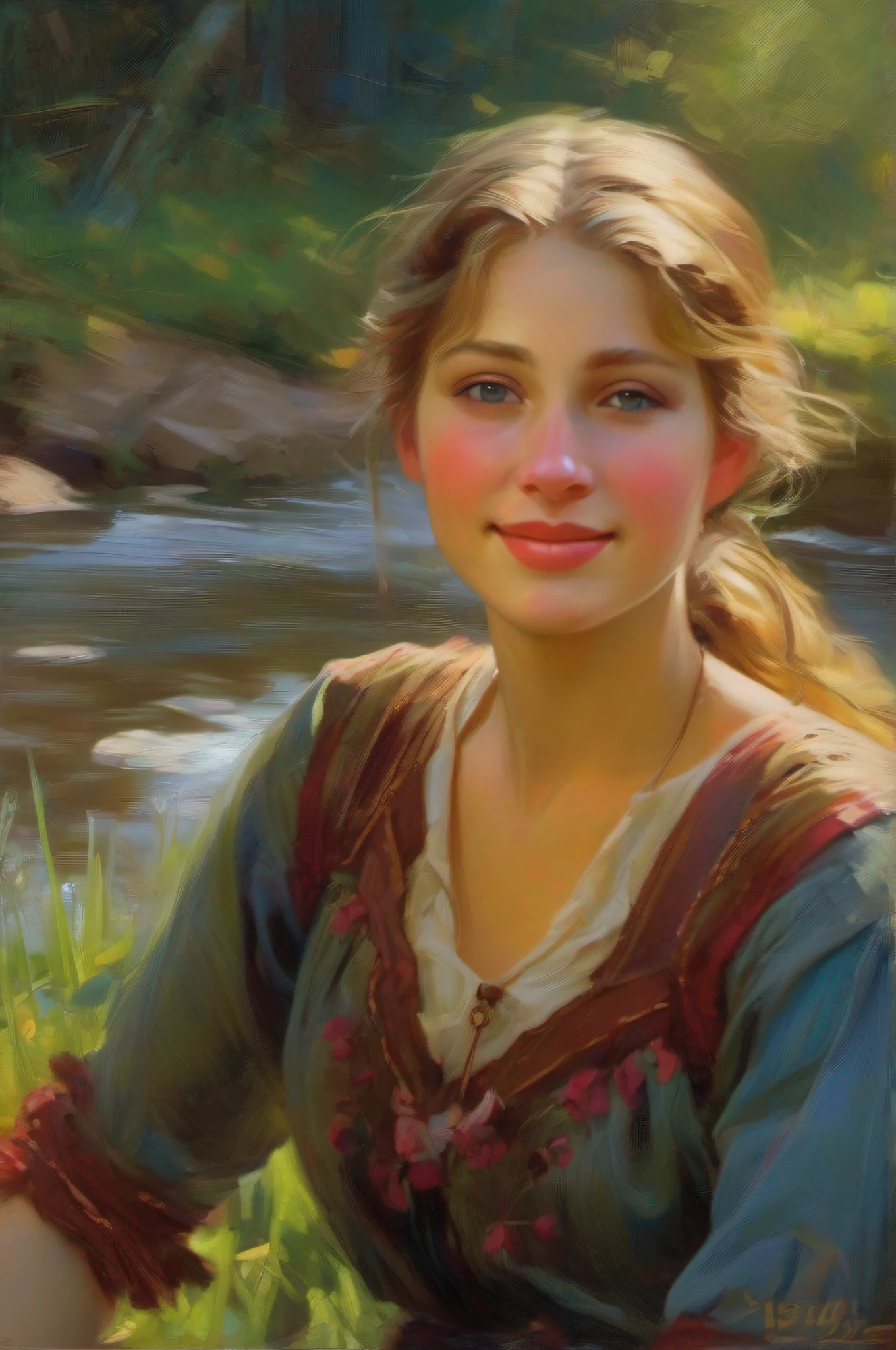 ((beste-Qualit)), (painting), (Young peasant woman), On the bank of the creek, pretty eyes, Emotional smile, ((tmasterpiece)), ((стиль Daniel F Gerhartz)), ((Realistic)),Colorful, Ultra-detailed,