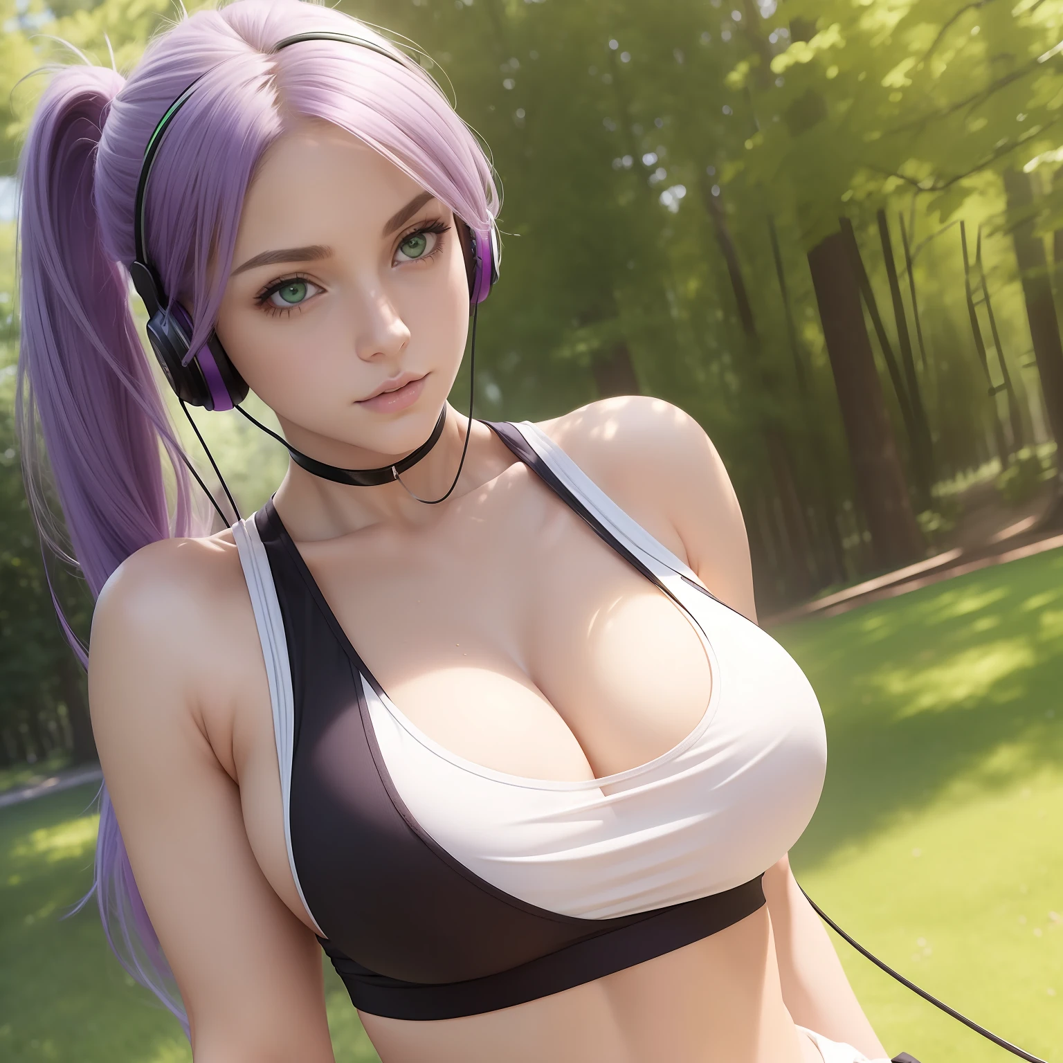 ((masterpiece, best quality)), realistic, 1girl, green eyes, long light purple hair in ponytail, small low cut white tank top, black headphones, cleavage, large breasts, close up, outdoors, sunny, slightly muscular arms