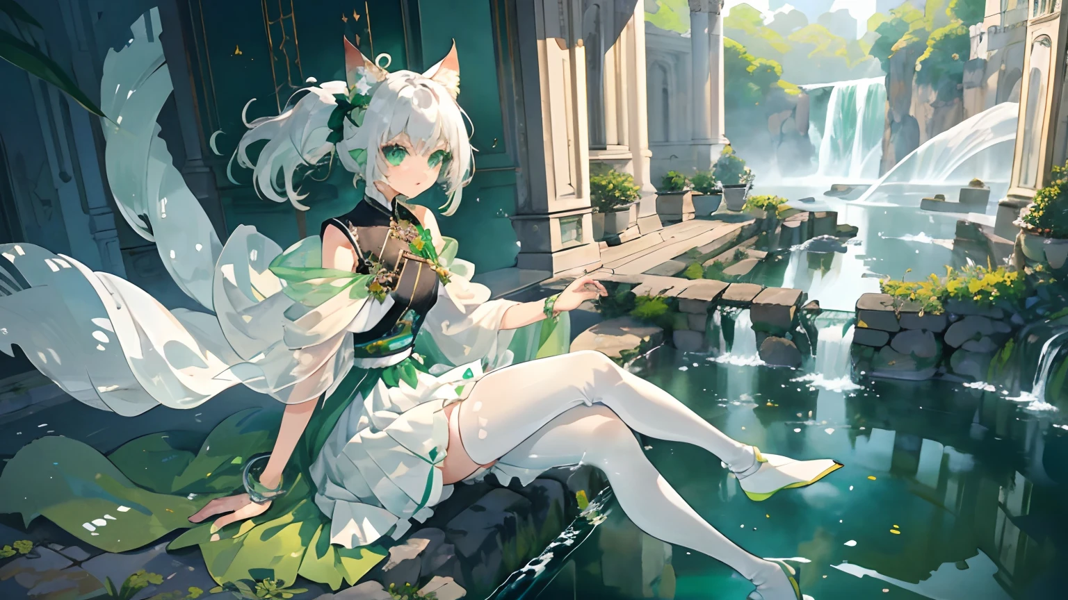 tmasterpiece，best qualtiy，Single female，Young size，cat ear，White color hair，short detailed hair，Green eyes，Show your arms，Cover your upper arms，Bare with thighs，green boots，Show your toes，White leggings，Green skirt，Patterned skirt，Two legs，Light green transparent cloak，Long single ponytail，Golden-green bracelet，Shorter legs，Sit in the palace，White-green palace