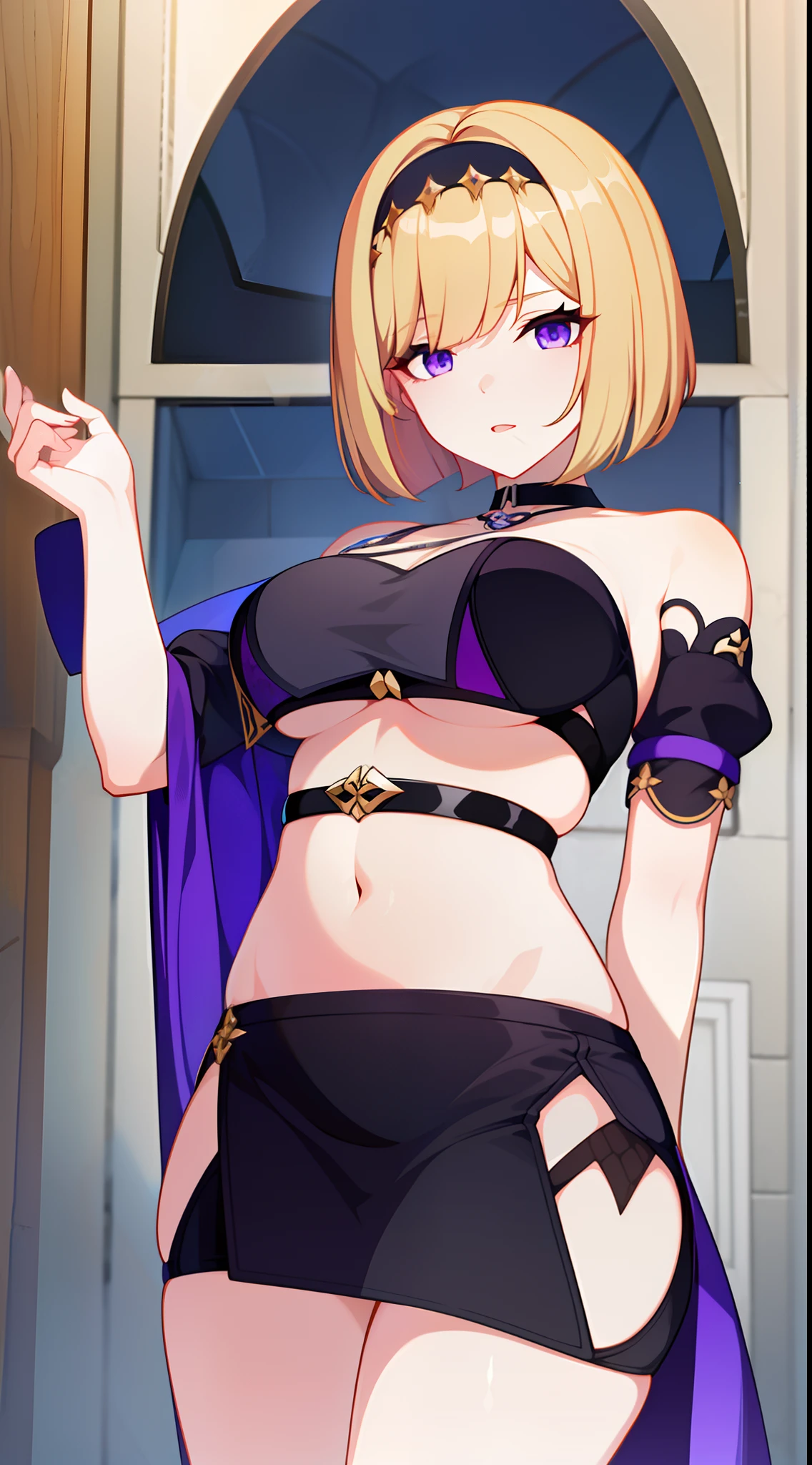 young girl, short blond hair, bob hairstyle, purple eyes, black and white tight magic dress, open belly, open breasts, wide neckline, Sun and Moon, Masterpiece, hiquality