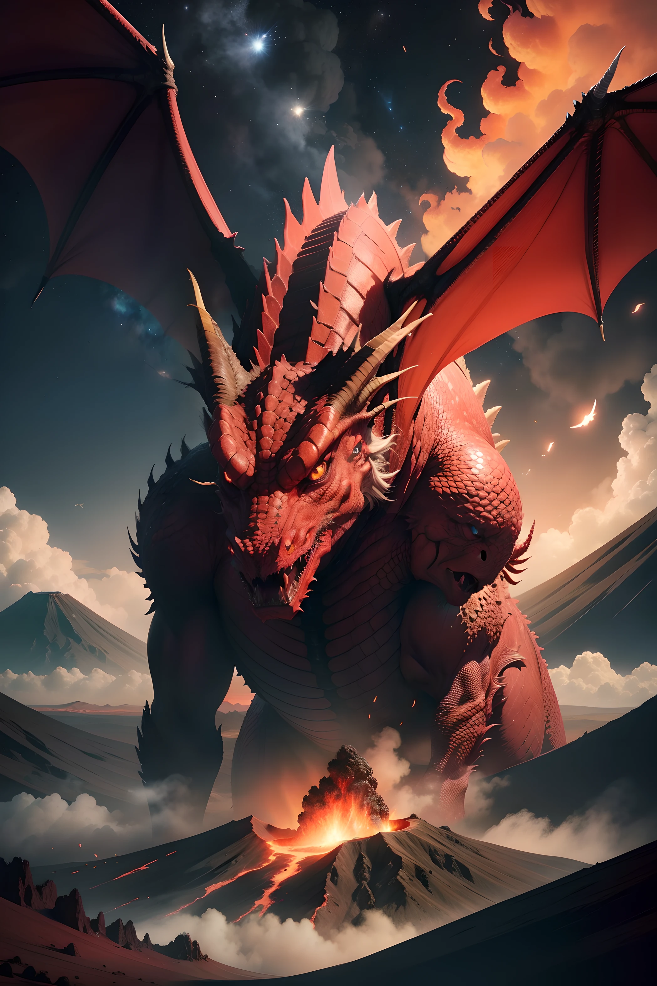 A giant red dragon emerges from the crater of a volcano. The dragon is as big as an apartment building and has bright red scales. His eyes are yellow and his mouth is huge. The dragon lets out a roar that shakes the earth. The air is thick with smoke and ash, but the dragon is still visible. It is an impressive spectacle, The dragon flies over the volcano, the sky is filled with stars.