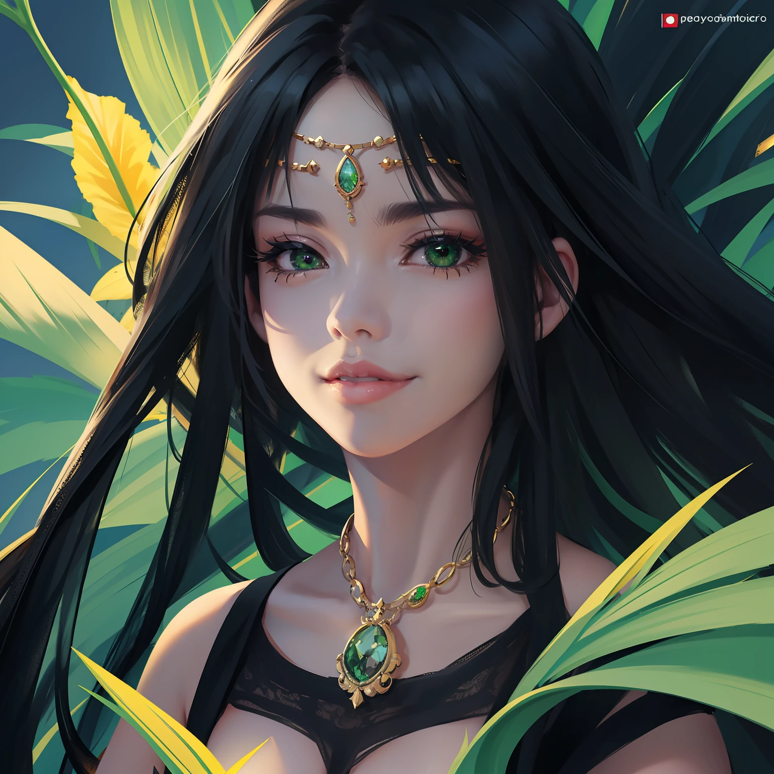 melhor qualidade, extremely high-resolution, obra-prima, garota, Green Iris,black hair,seios grandes,sentada n, Olhando o telespectador, sorrindo, childish appearance,