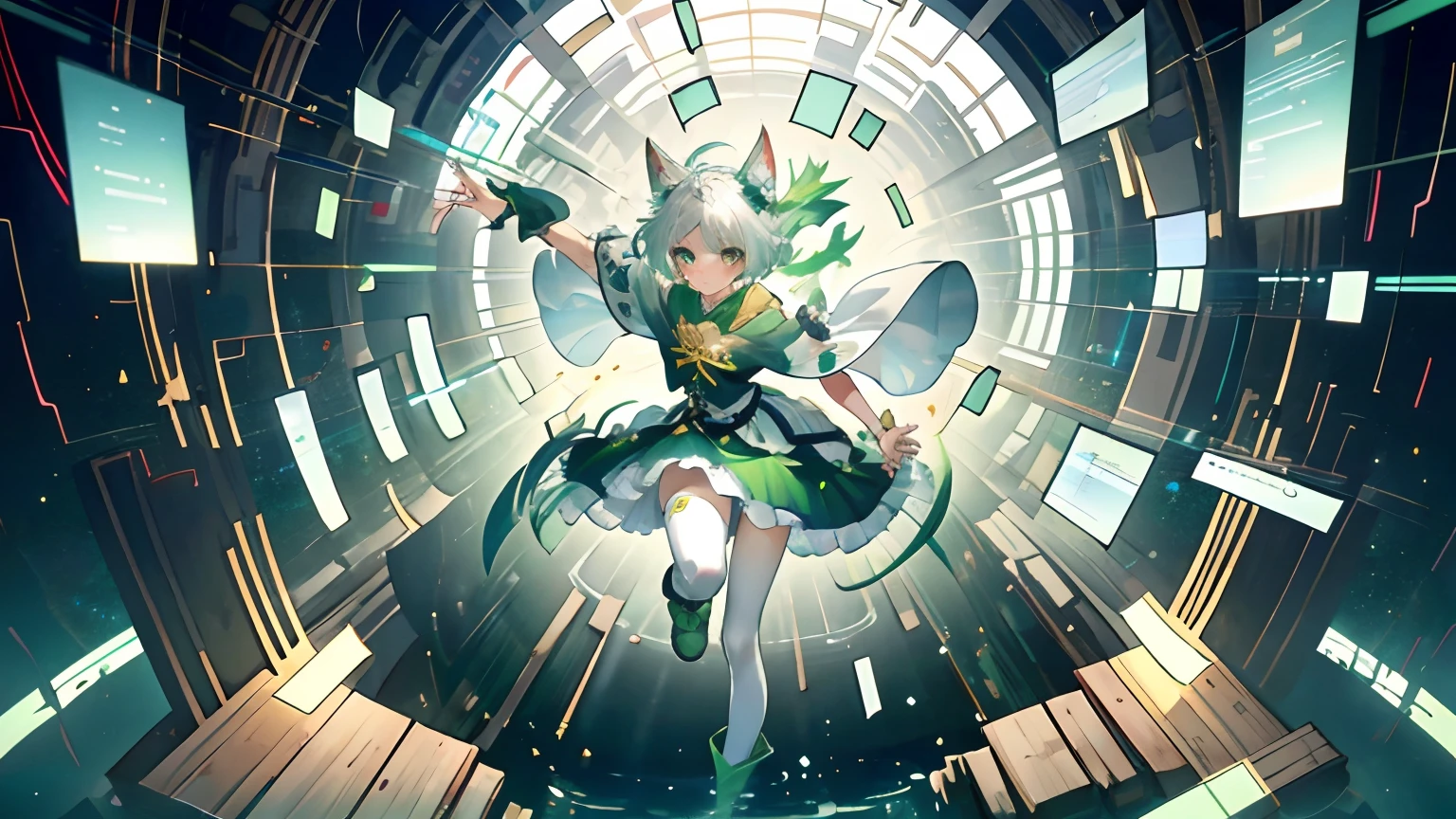 tmasterpiece,best qualtiy,Single female,Young size,cat ear,White color hair,short detailed hair,Green eyes,Show your arms,Cover your upper arms,Bare with thighs,green boots,Show your toes,White leggings,Green skirt,Patterned skirt,Two legs,Light green transparent cloak,Long single ponytail,Golden-green bracelet,Lick your toes