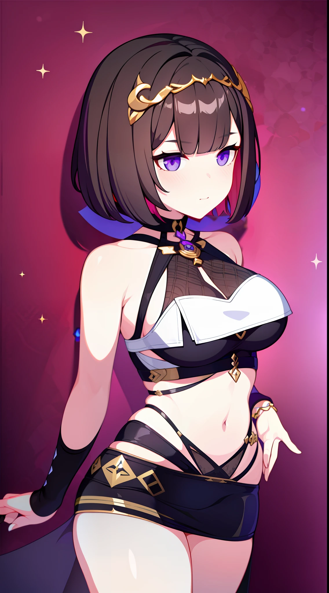 young girl, short blond hair, bob hairstyle, purple eyes, black and white tight magic dress, open belly, open breasts, wide neckline, Sun and Moon, Masterpiece, hiquality