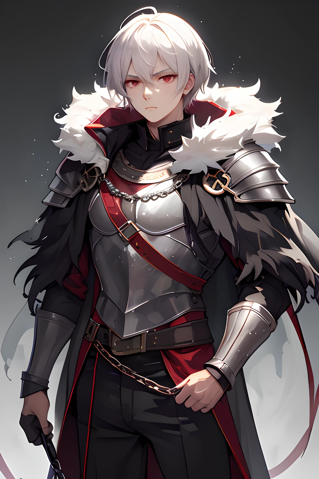 Personaje de anime con cabello blanco y capa roja sosteniendo una espada, ojos rojos, inexpresivo, rostro varonil, Chico guapo en el arte de Demon Slayer, beautiful androgynous prince, A male human paladin, Arte del personaje masculino humano, Arte detallado del personaje de anime, por Yang J, Guweiz en Pixiv Artstation, Guweiz en Artstation Pixiv, Arte Zerochan, Tendencias en ArtStation Pixiv