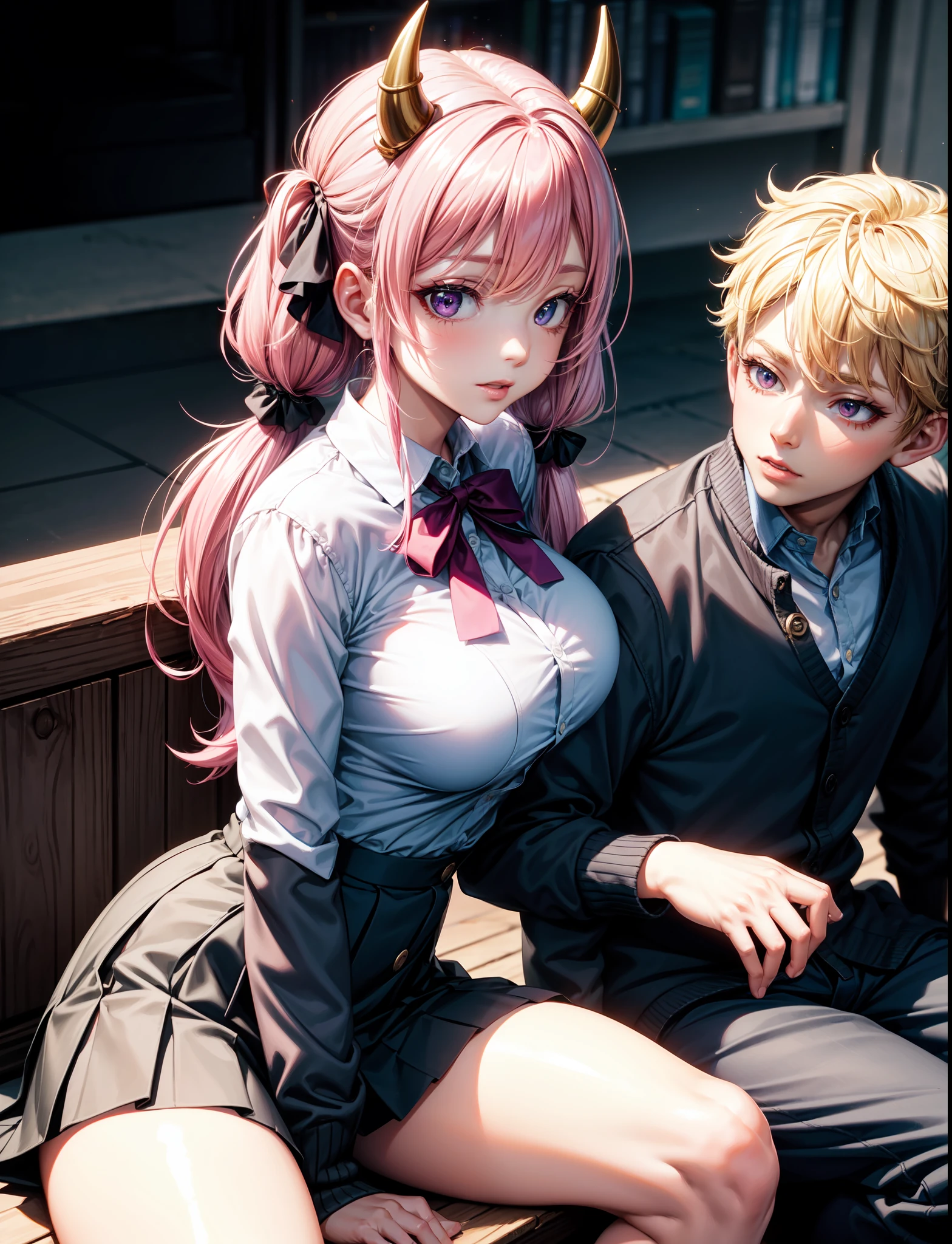 4k, ,Lens flare, pink hair ,mascara, eyeliner, god rays, 4k, 8k, best quality, masterpiece, hyper detailed, intricate detail, 1boy, 1 girl, detailed, Detailed fuchsia hair ++, detailed pink eyes ++, raytracing, perfect shadow, highres, enhanced eyes, huge breasts, horns, seductive, hyper detailed, Dressed in a pleated skirt, a button-up blouse, and knee-high socks, your anime girl exudes a scholarly yet fashionable aura. A cardigan and loafers add a touch of sophistication. Your anime girl adds large ribbon bows at the base of each twin tail. This style is both adorable and attention-grabbing, highlighting her playful nature. she is using a boy as a chair, sitting on a boy, she is sitting on someone, sitting on a man