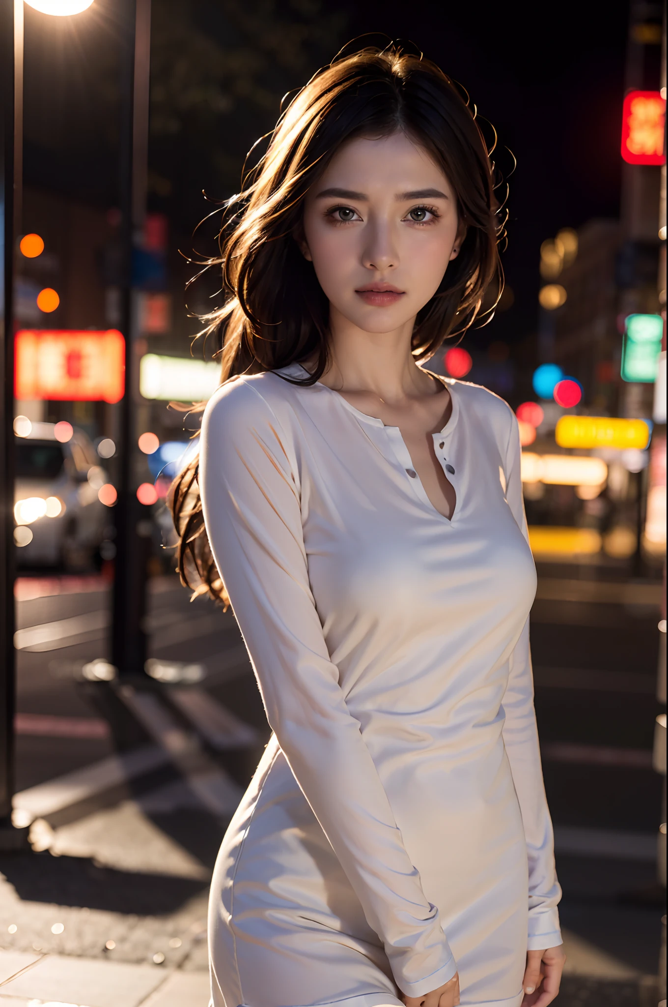 portrait photography, beautiful young woman with transparent western tunic dress, eyes visible through hair, proper eye position, natural skin, backlight, cinematic light, rim light, soft light , hips, in night time, city side background, detailed color graded background, intricate , highly detail, octane render, HD, 8k, by Annie Leibovitz