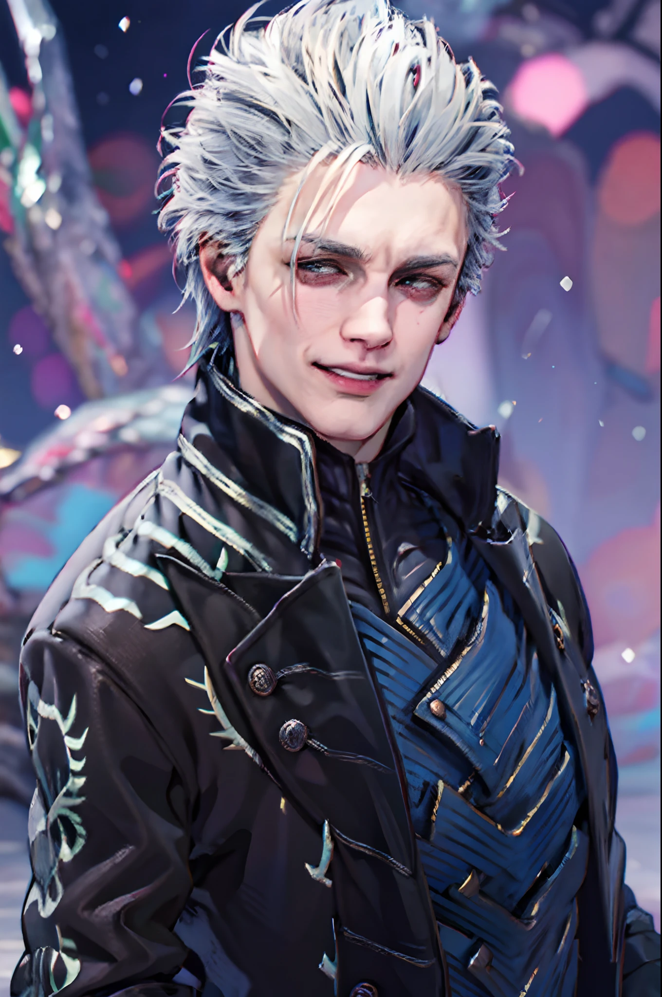 1boy,  jacket, Leather, male_focus, Realistic,  snowing, 独奏, White_Hair, zipper,Detailed body,Detailed hands,Detailed Face,vergil,Smiling,