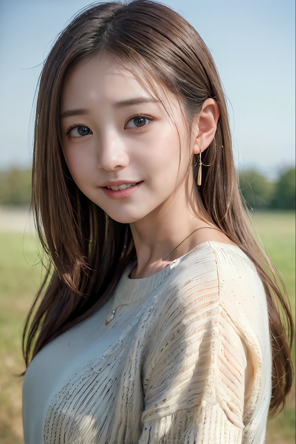 randome pose、top-quality、超A high resolution、(Raw photography、top-quality、​masterpiece、realisitic、Photorealsitic:1.7)、女の子1人、Brown sweater、(Brown hair:1.2)、(huge-breasted:1.2)、blue-sky、looking at viewert、Gently smiling face