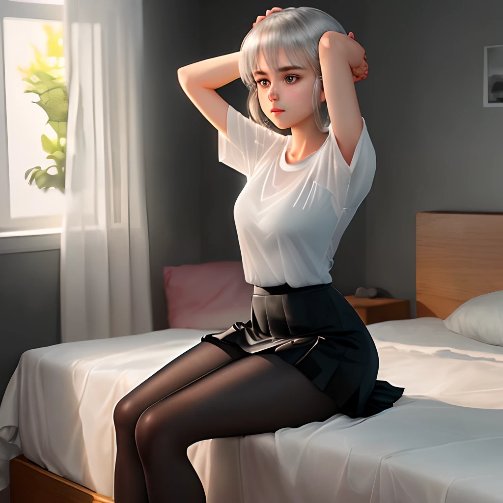 (((1 girl)),ray tracing,(dim lighting),[detailed background (bedroom)),((silver hair)),((silver hair)),(Fluffy silver hair, plump and slender girl))) with high ponytail))) Avoid golden eyes in the ominous bedroom ((((Girl wears a white shirt, black wrinkled skirt with black transparent pantyhose), showing a delicate slim figure and graceful curves, correct limbs, sitting on the bed with hands behind her head, Put both hands behind your head
