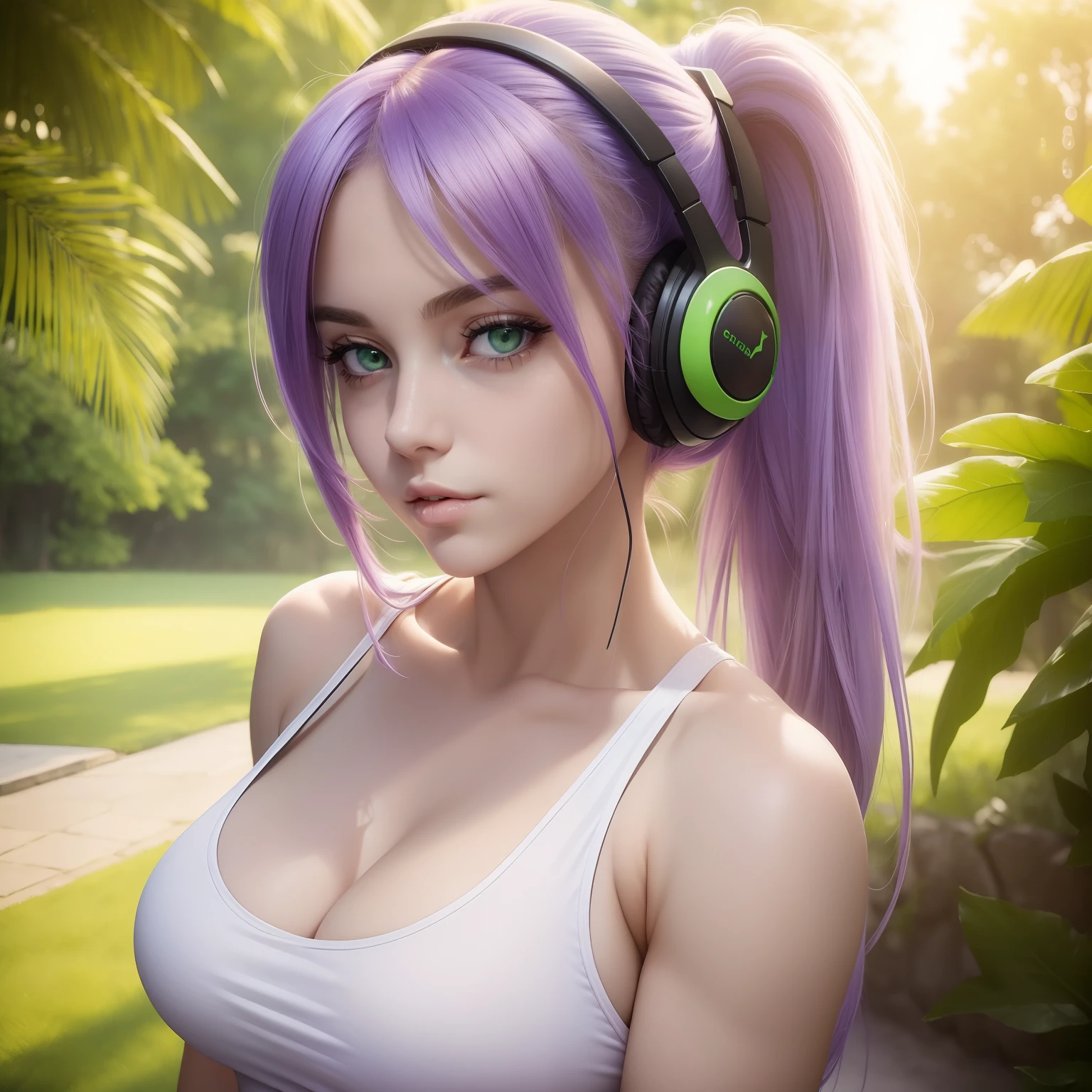 ((masterpiece, best quality)), realistic, 1girl, green eyes, long light purple hair in ponytail, small low cut white tank top, black headphones, cleavage, large breasts, close up, outdoors, sunny, slightly muscular arms, eye contact facing viewer