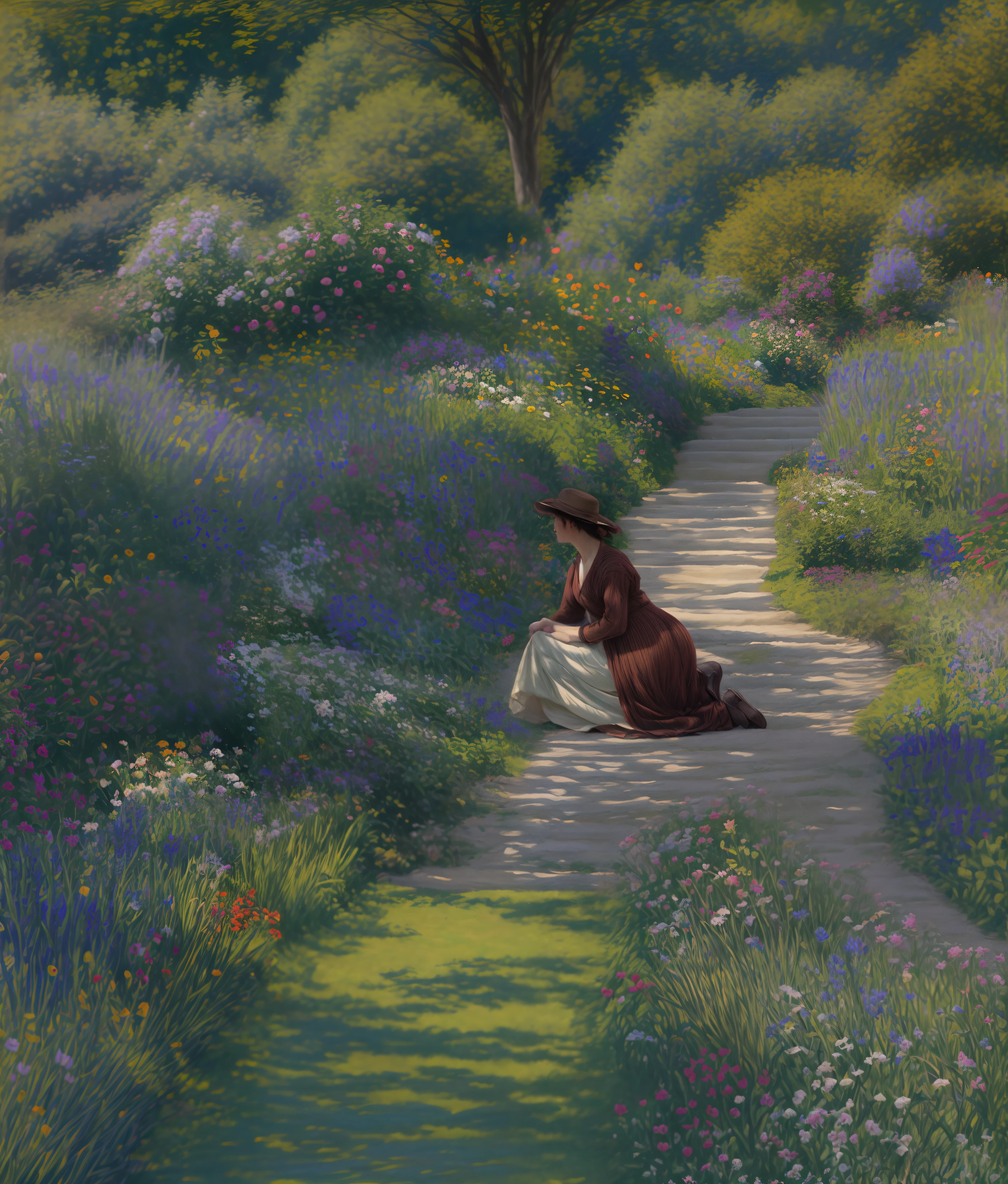 painting of a woman kneeling in a garden with flowers, in a garden, in the garden, in a verdant garden, by Robert Reid, in the hillside, in garden, romantic impressionism, by Julius Klinger, by J. Alden Weir, by Henri Le Sidaner, by Rudolf Schlichter, by Henry Scott Tuke, by Edward Atkinson Hornel